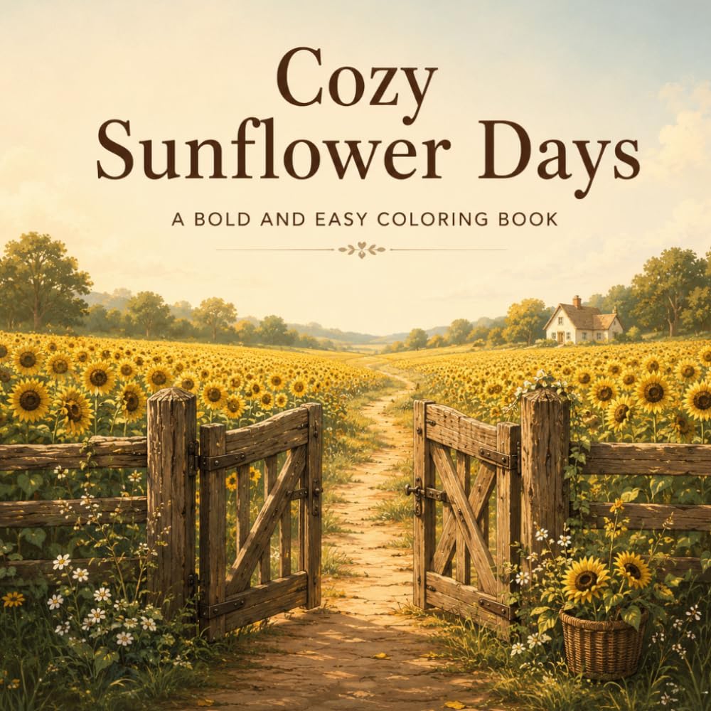 Cozy Sunflower Days A Bold & Easy Coloring Book for Adults: 30 Cozy Countryside Scenes with Sunflower Fields and Country Cottages