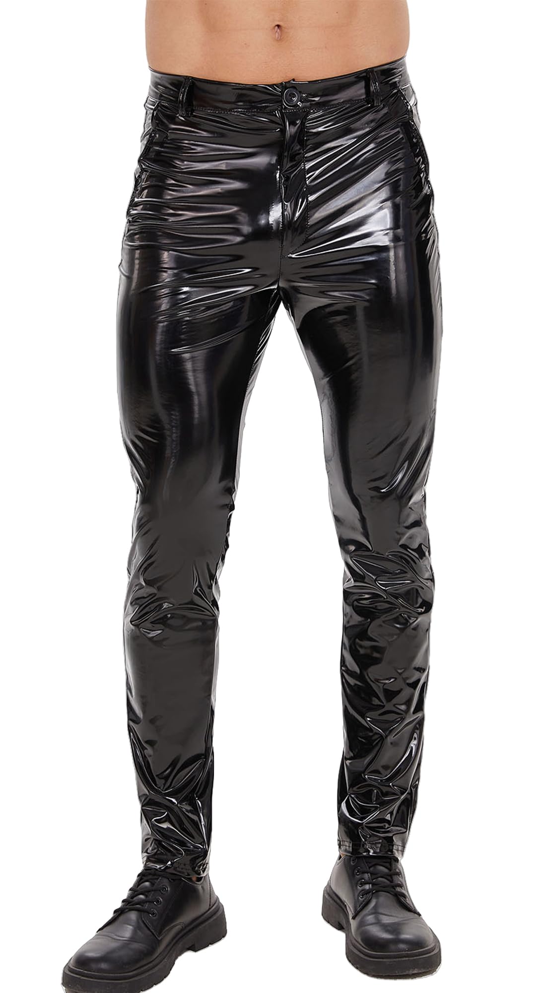 Latex Leggings for Men Faux Leather Trousers Wetlook Outfit for Nightclub Biker Trousers Leather with Pockets Party Costume Clubwear Black Latex M