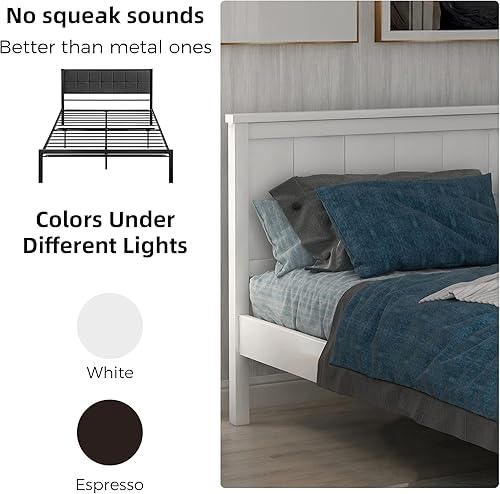 Miniatura 7 de Merax Cama de plataforma de madera de tamaño matrimonial cama con cabecero, soporte de listones de madera, no necesita somier, cama de plataforma de