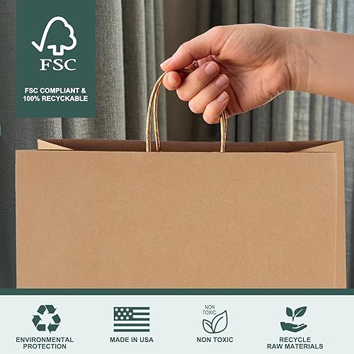 Miniatura 4 de Bolsas de regalo METRONIC con asas, 16x6x12 pulgadas, bolsas de papel marrón reciclables, 50 unidades, kraft, para compras de negocios y comestibles