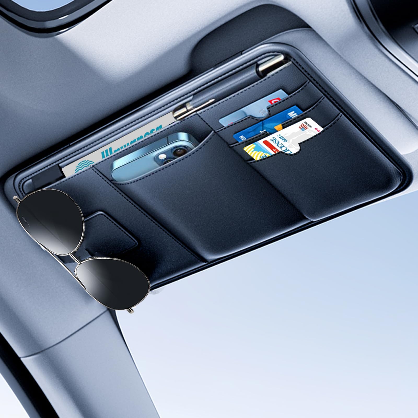 Car Visor Organizer, Premium Leather Sunglasses & Card Holder for Cars, Registration/Insurance Slot, Credit Card Pockets, Automotive Interior Organizer for Car Sun Visor (Black Leather)