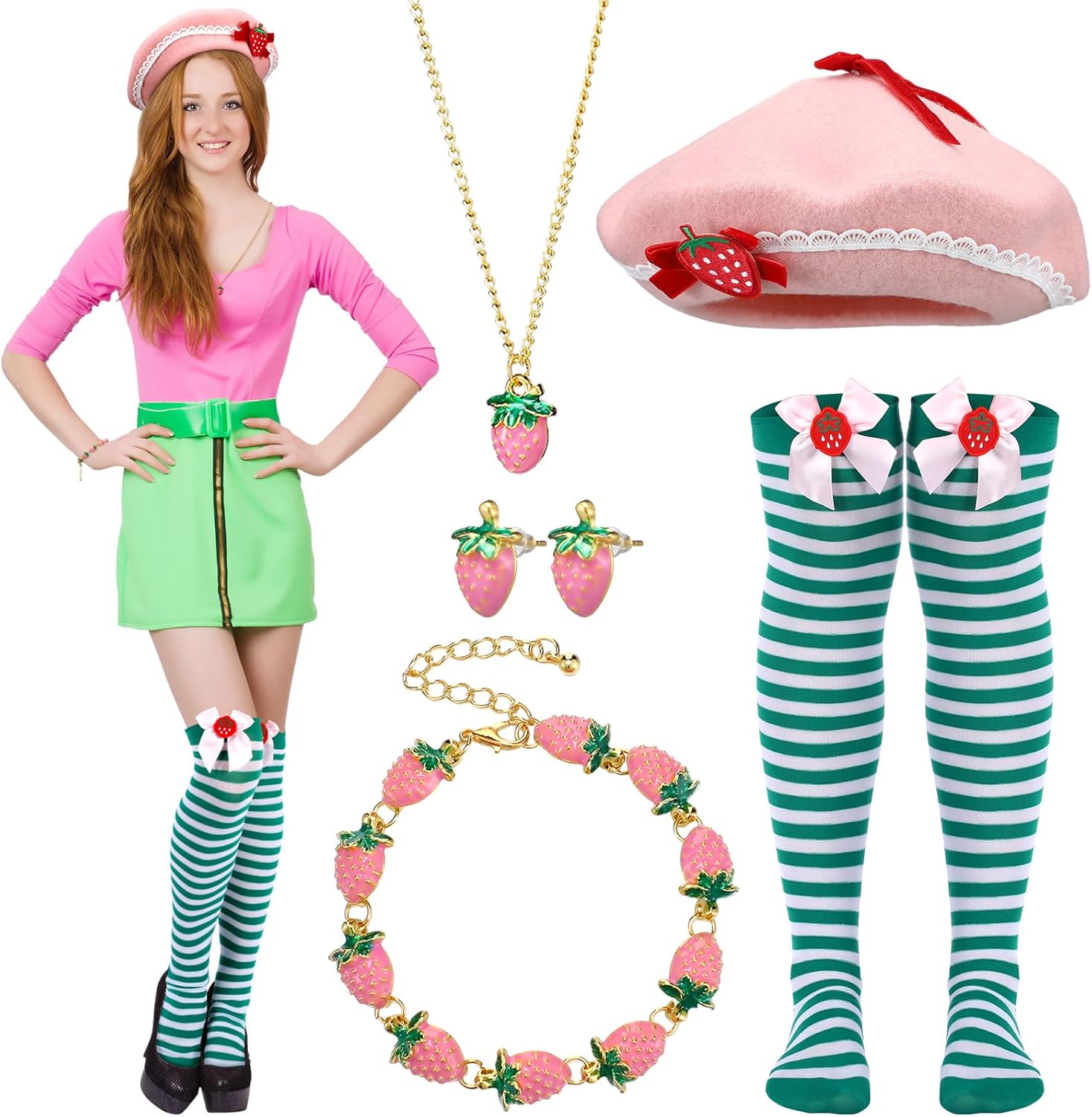 Set of 5 Strawberry Costume Accessories Set for Women Strawberry Wool Beret Hat Thigh High Socks Earrings Necklace Bracelet for Halloween Cosplay
