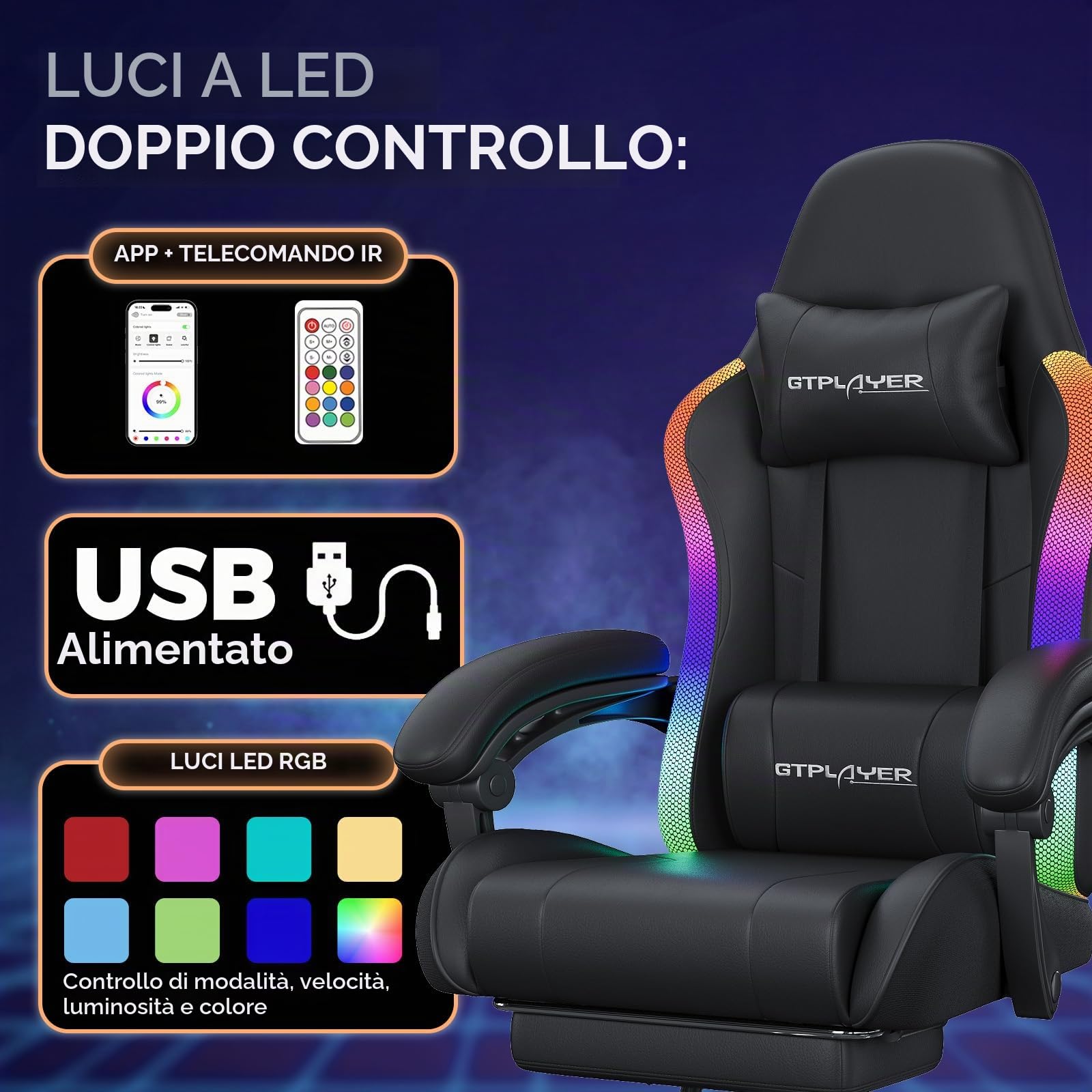 GTPLAYER Sedia da gaming, da ufficio, con barra luminosa a LED e funzione di massaggio, schienale con custodia, ergonomica, per PC con telecomando