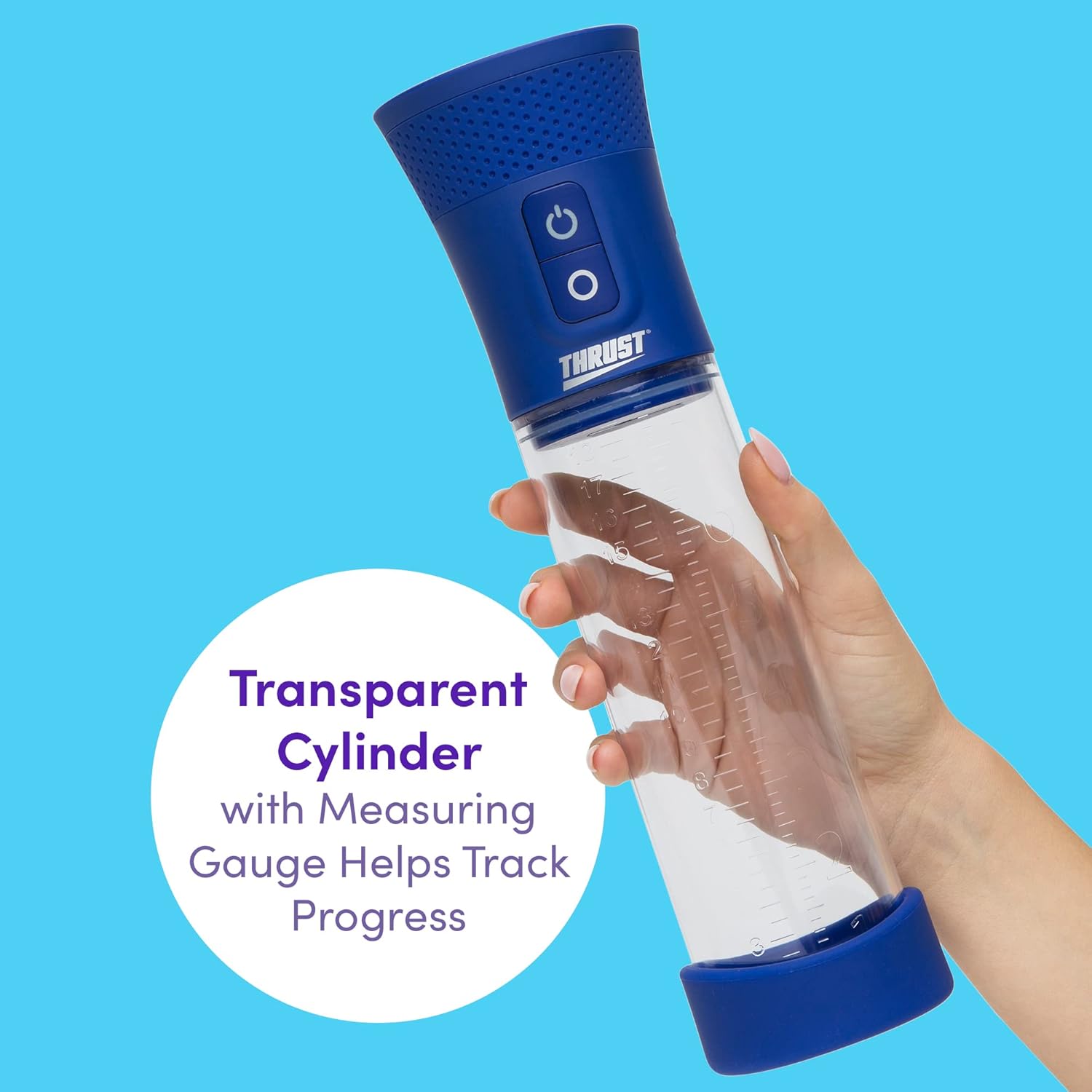 Hand holding the Lovehoney Thrust Pro Tech pump, showing the transparent cylinder with measuring gauge