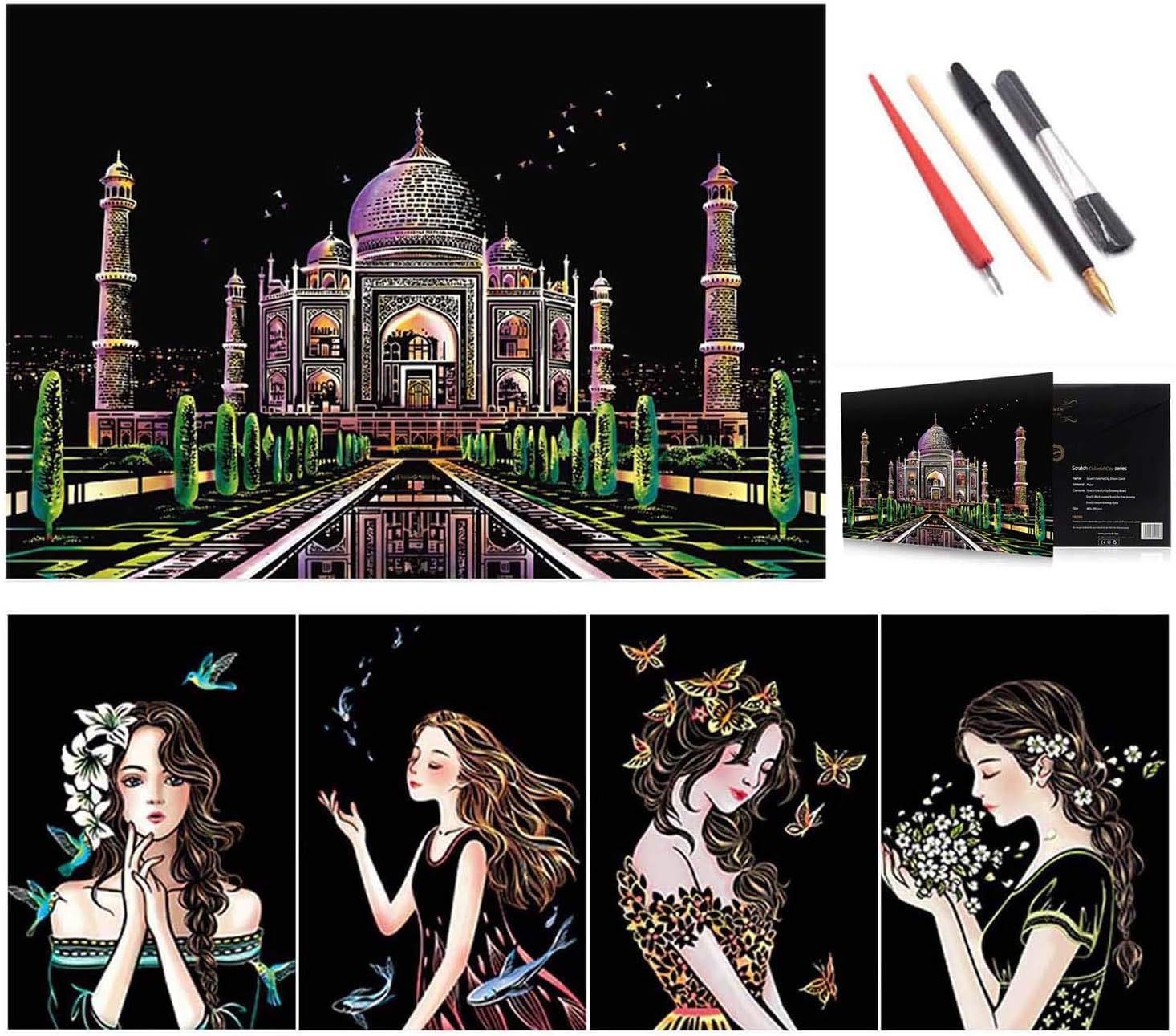 Zyluniy Kratzbilder Set 8-teilig - Rainbow Scratch Art Mit Leuchteffekt & Werkzeugen