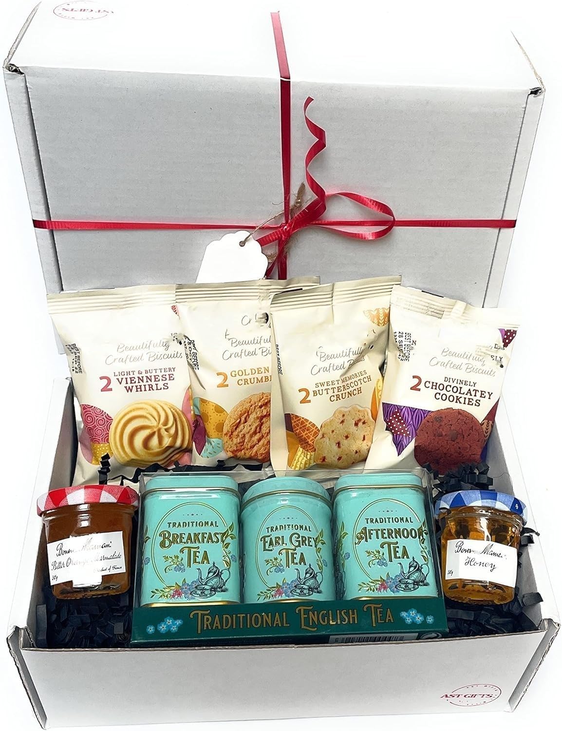Tea Gift Set Hamper, with Buttery Biscuits, Marmalade and Honey Gift Set, Afternoon Tea Box for Tea Lovers, with Loose Mini English Tins, All Occasions