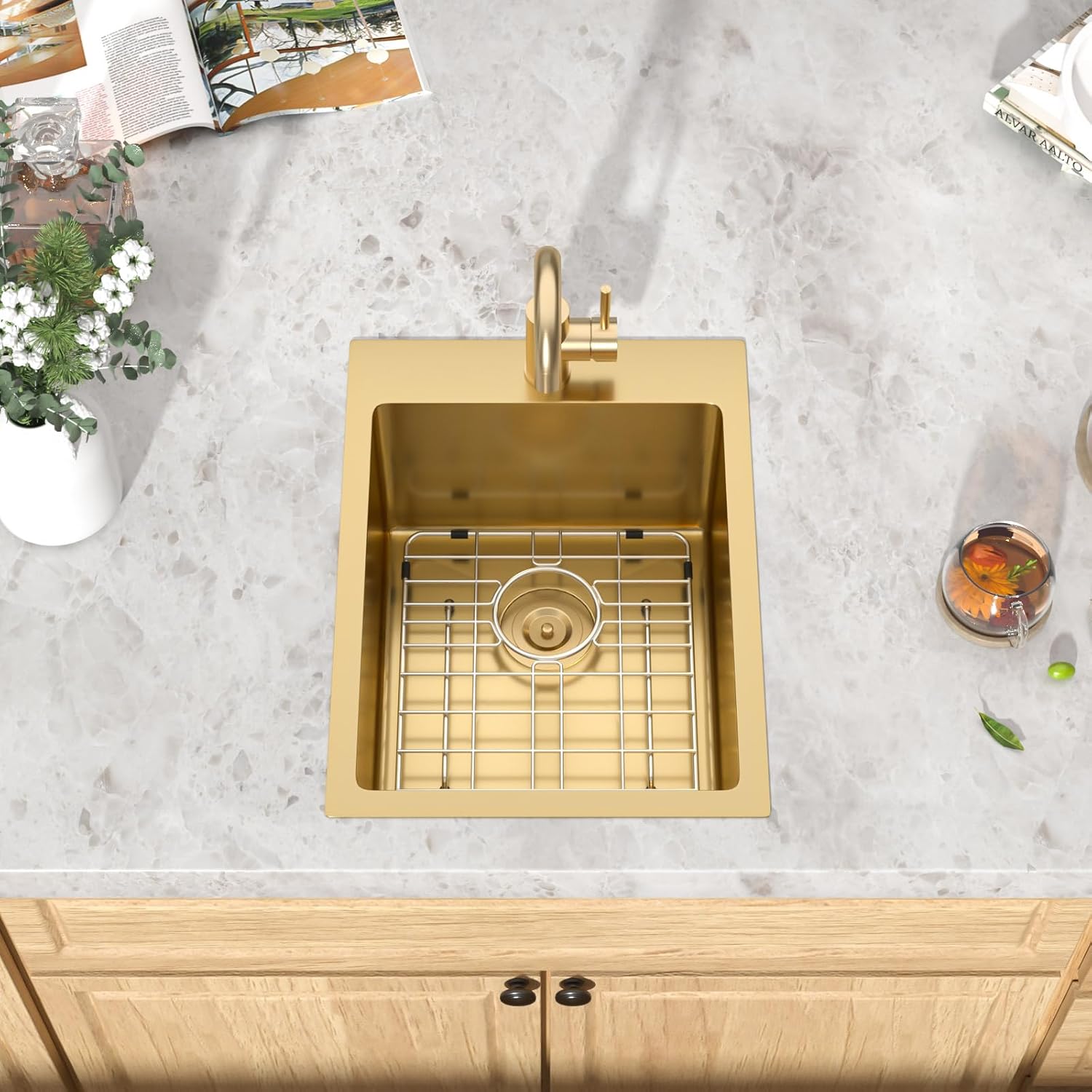 15 x 20 Inch Gold Drop In Bar Sink with Faucet, 16 Gauge 304 Stainless Steel Single Bowl Sink with Gold Finish for Kitchen Bars, RV, and Boat #TLT-0031