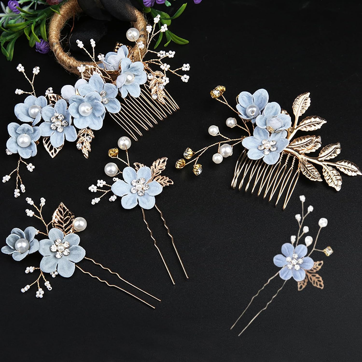5PCS Bridal Hair Comb, Wedding Headpiece for Bride, Blue Flower Rhinestone Hair Clips For Women Girls Bride Bridesmaids Prom Wedding Party