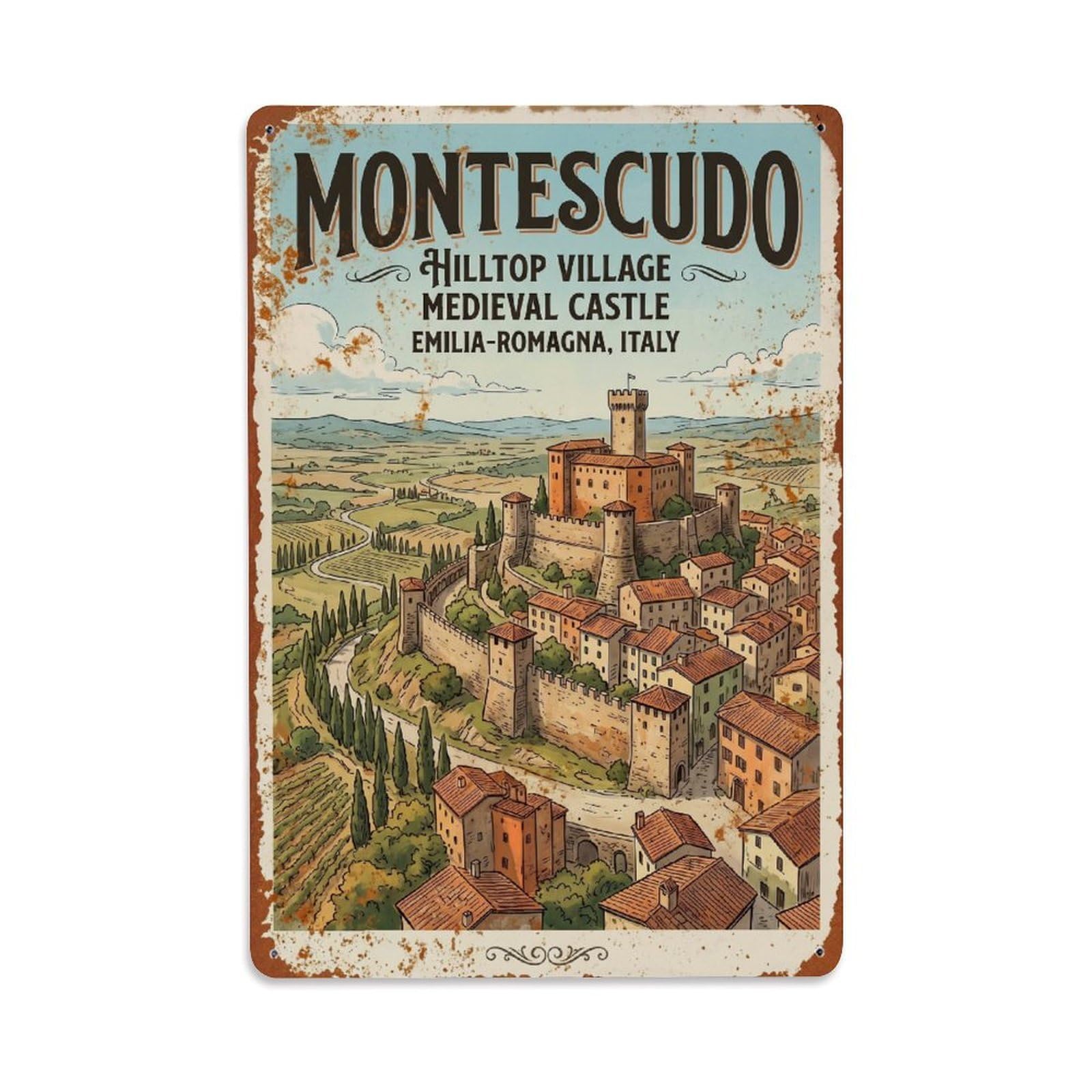 Travel Map Montescudo Italy Vintage Cartography Cityscape Metal Tin Sign Plaque Wall Decor for Cafe, Man Cave, Club Bar, Office, Home Garden Round Metal Poster 8x12Inch