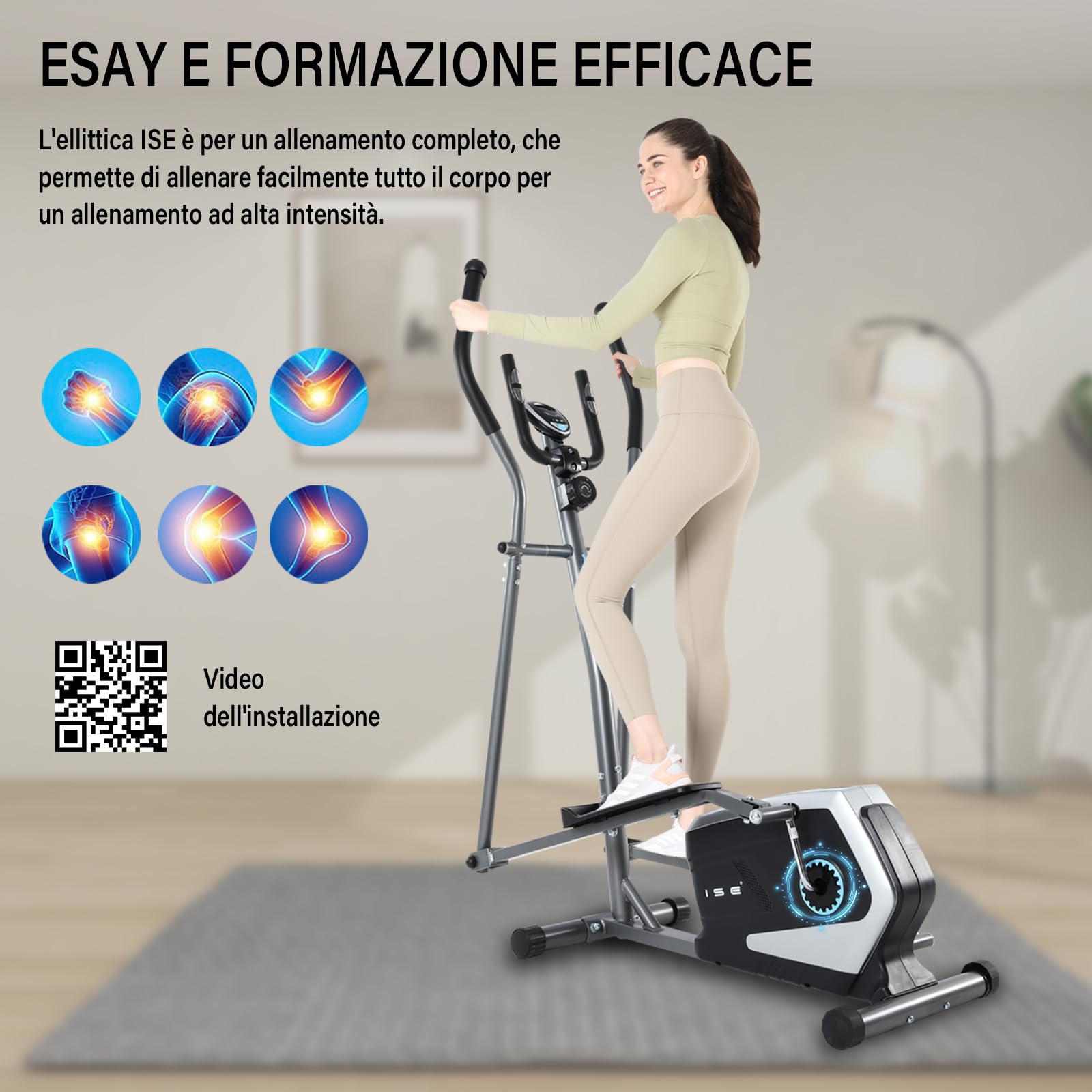 ISE Ellittica Professionale per Casa - Cross Trainer con Resistenza Magnetica 16 Livelli, Display LCD Multifunzione, Peso Utente Max 150kg, Pedane Antiscivolo, Ideale per Cardio e Allenamento Totale