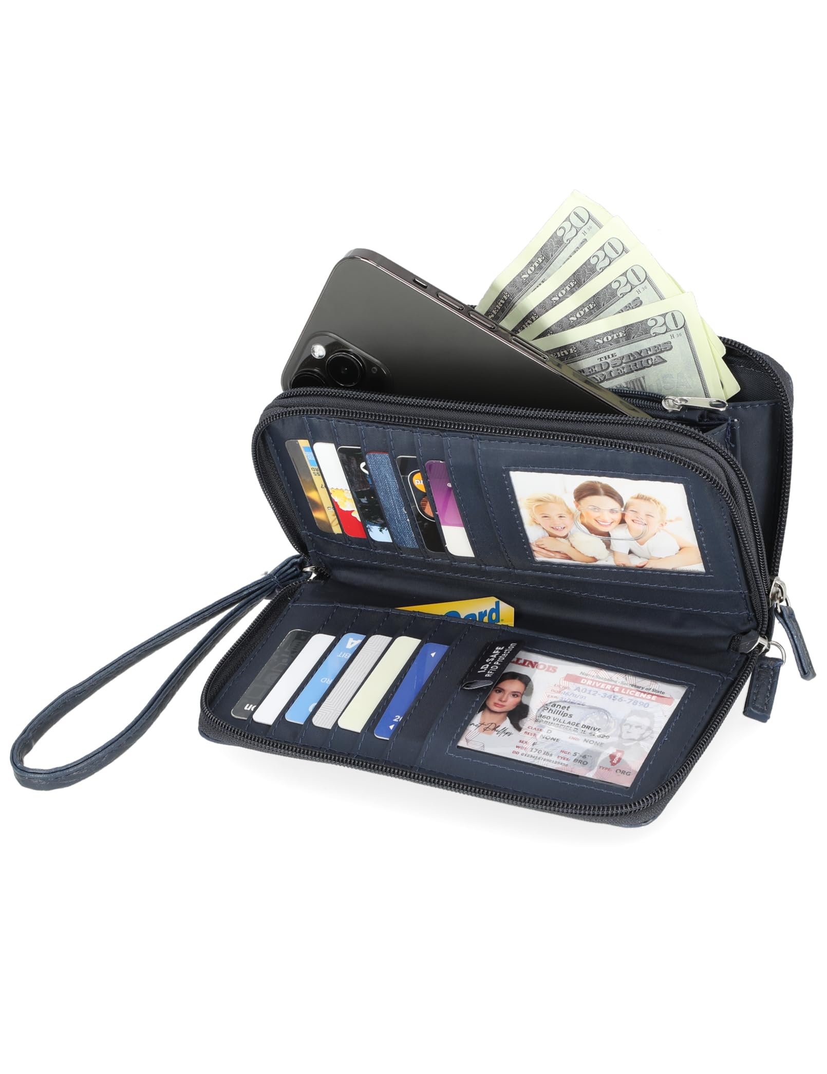 Nautica On The Double Zip Around Vegan Leather Womens RFID Clutch Wallet With Wristlet Strap, Indigo Red