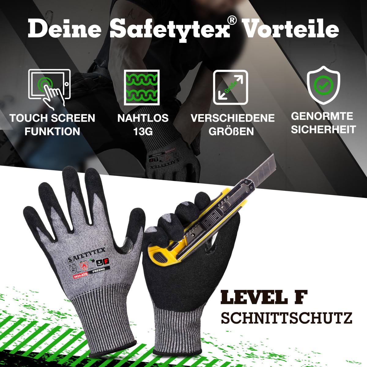 Safetytex Schnittschutzhandschuhe - Schnittfeste Handschuhe Level F - Maximale Sicherheit für Arbeiten mit scharfen Gegenständen - Touchscreen-fähig - Nitrilschaum (Gr.9, 1 Paar)