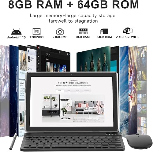 Vista 2 de Tablet 2 en 1 de 10 Pulgadas Android 14 con Teclado 64GB ROM 8GB RAM Soporta expansión de 1TB Tablet de 10.1" Incluye Ratón, Estuche, Lápiz Táctil