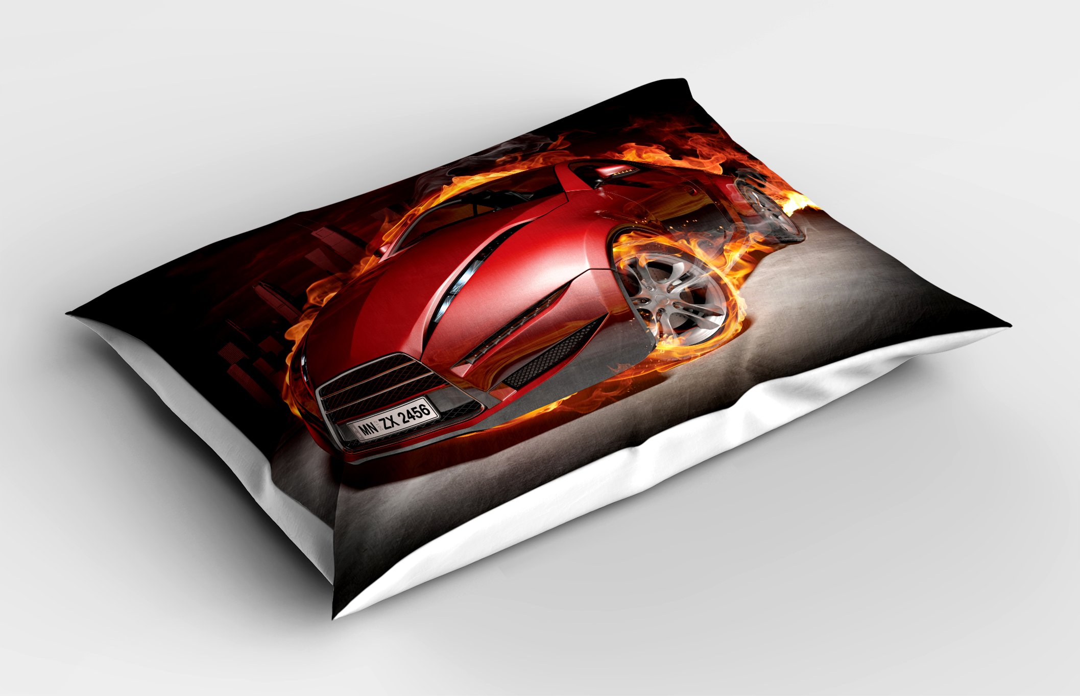 Ambesonne Cars Pillow Sham, Red Sports Car Burnout Tires in Blazing Engine Hot Smoke Automobile, Decorative Standard Size Printed Pillowcase, 26