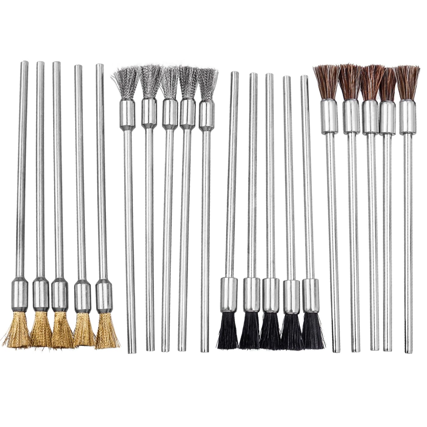 Mesee 20Pcs Wire Brushes for Drill, 100mm Extended Cleaning End Brushes Pen Assortment Set Horse Mane/ Pig Bristle/ Copper Wire/ Stainless Steel Wire Brush 3mm Mandrel Polishing Rotary Tools Accessory