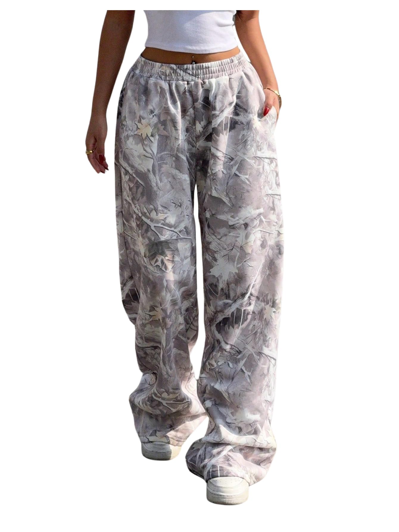 Womens Y2K Camo Maple Leaf Print Sweatpants Baggy Hip Pop Elastic Waist Long Pants Streetwear