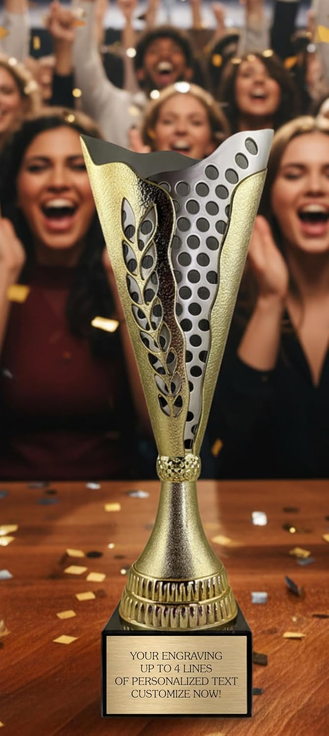 Large Custom Trophy Cup 14” Tall - Customized Engraved Gold & Silver Award for Soccer, Golf, Basketball, Baseball, Pickleball, Cornhole, MVP or First Place - Football Trophy with Personalized Plate