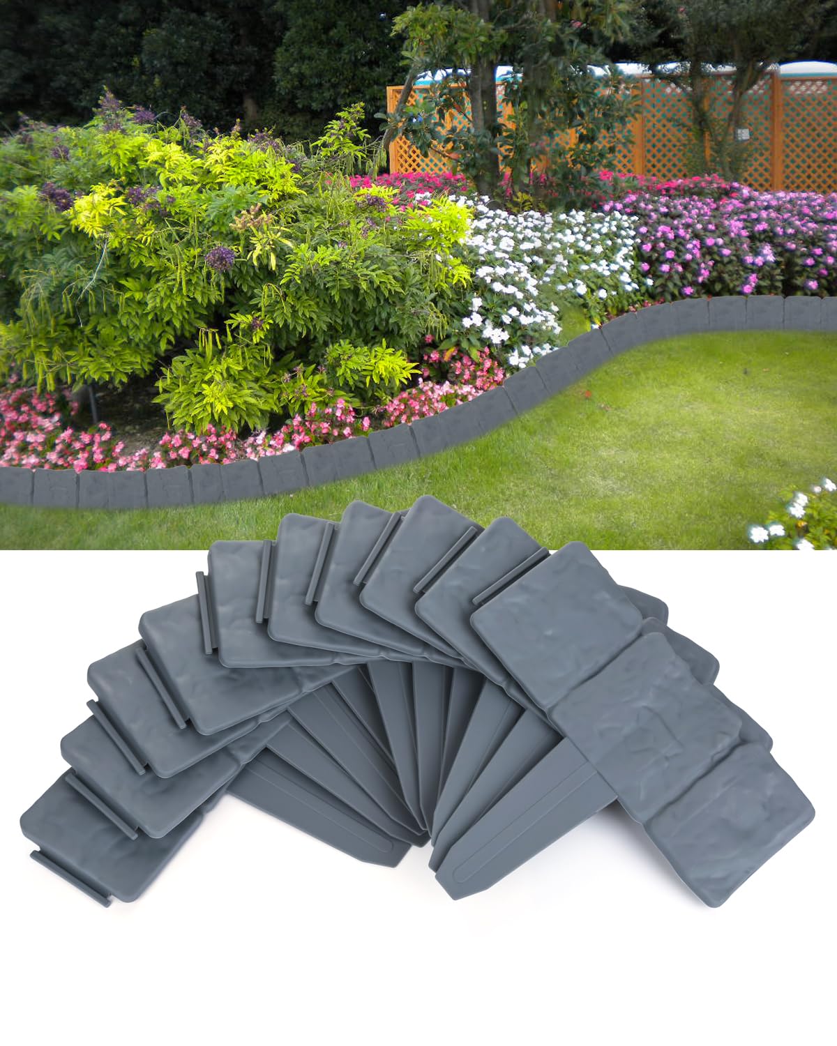 Garden Edging Border No-Dig for Yard: 9" Tall Flowerbed Border Edging for Lawn - Plastic Stone-Like Textured Landscaping Edging Border