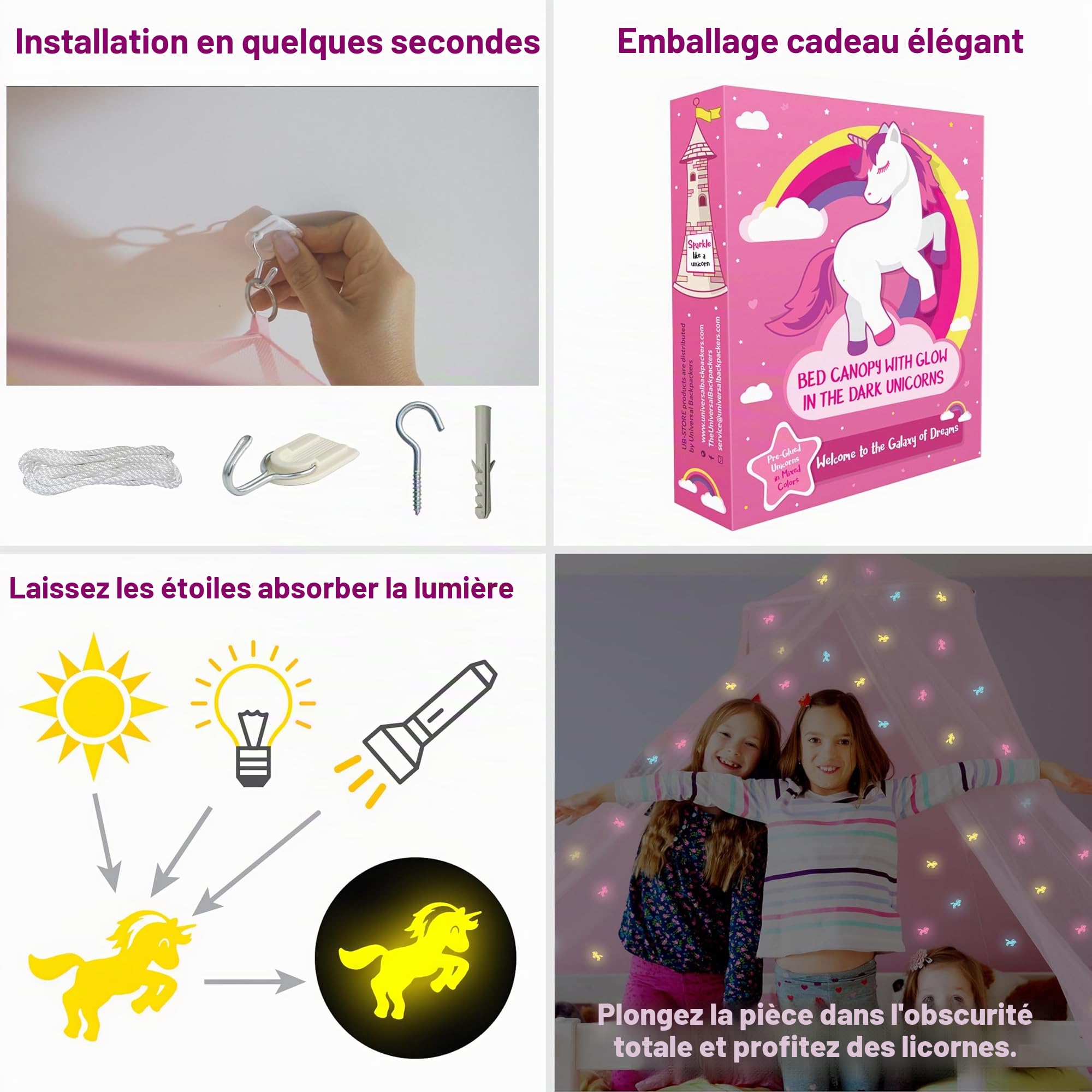 Rose Lit à baldaquin pour Filles avec pré-collés luisant dans Les Licornes Sombres - Décor de Chambre en moustiquaire Princesse