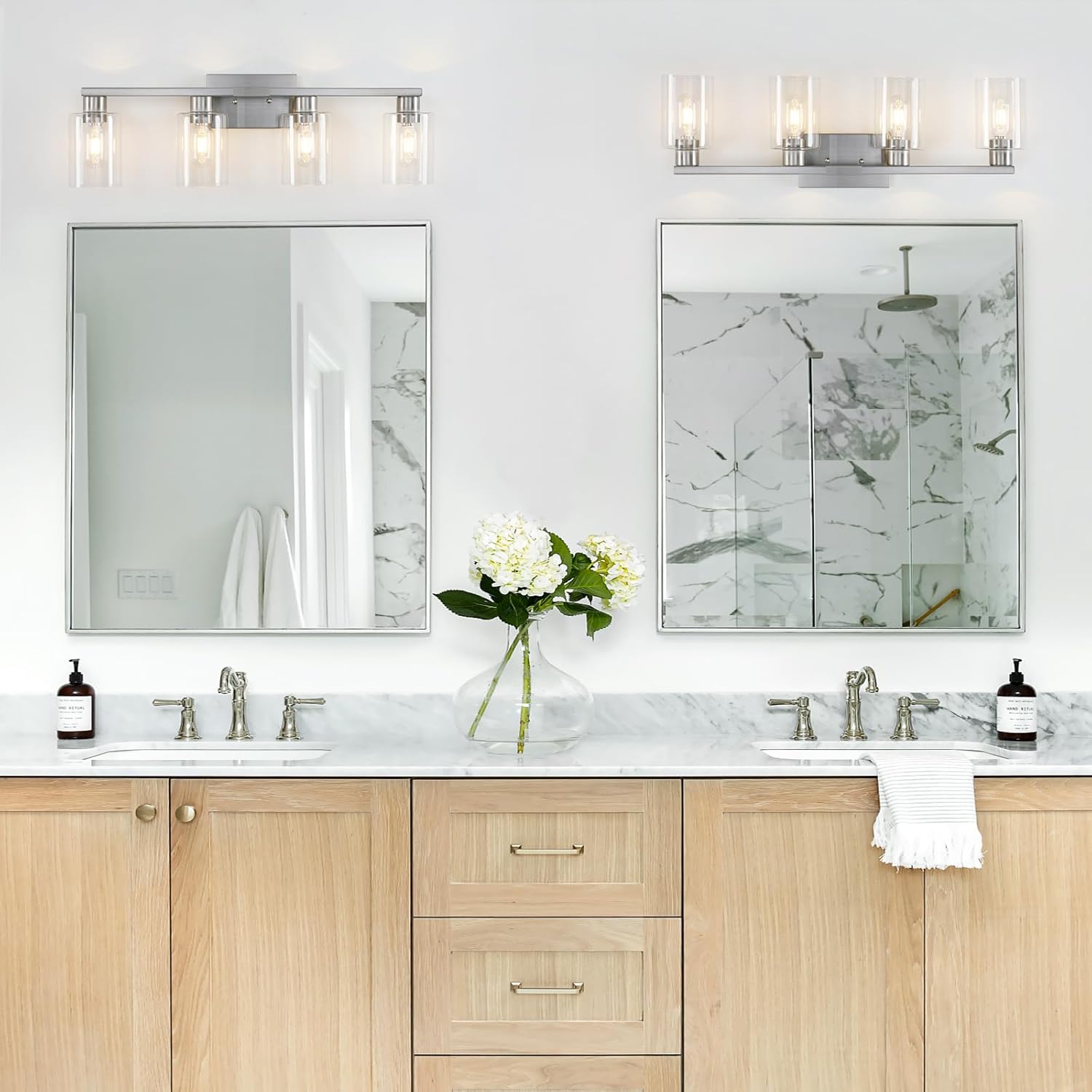 4 Light Bathroom Light Fixtures, Brushed Nickel Bathroom Vanity Light with Clear Glass Shade, Bathroom Lighting Fixtures Over Mirror, Vanity Lights for Bathroom Mirror