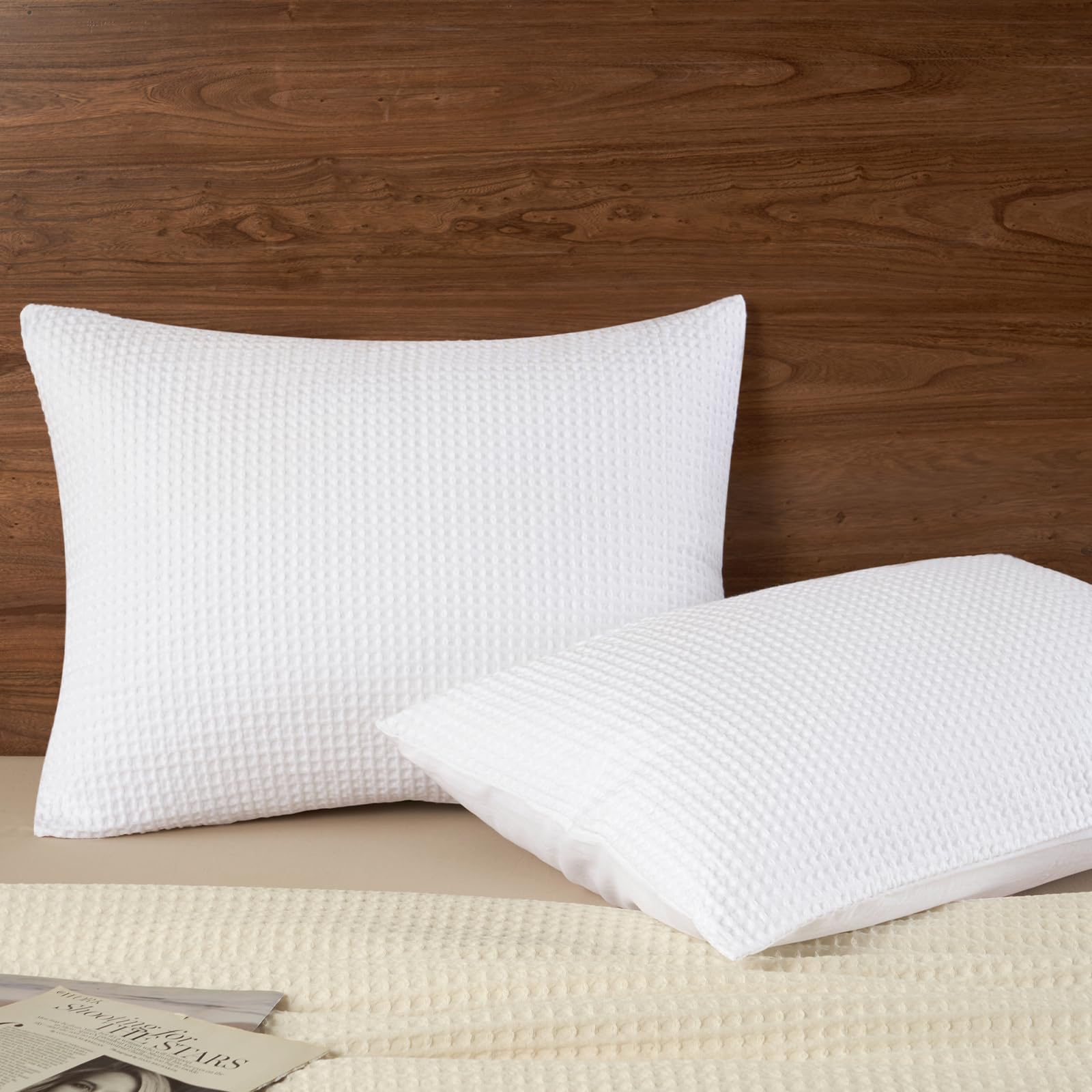 phf 100% cotton waffle pillow shams standard size, 2 pack 20" x 26" soft skin-friendly and breathable pillowcases, no filling, aesthetic woven waffle weave pillow covers for bed, white