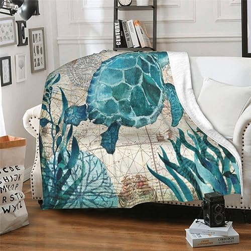 Miniatura 5 de Manta de felpa con aire acondicionado, diseño vintage de tortuga oceánica y estrellas de mar, mapa del mundo, ultra suave, acogedora, para cama,