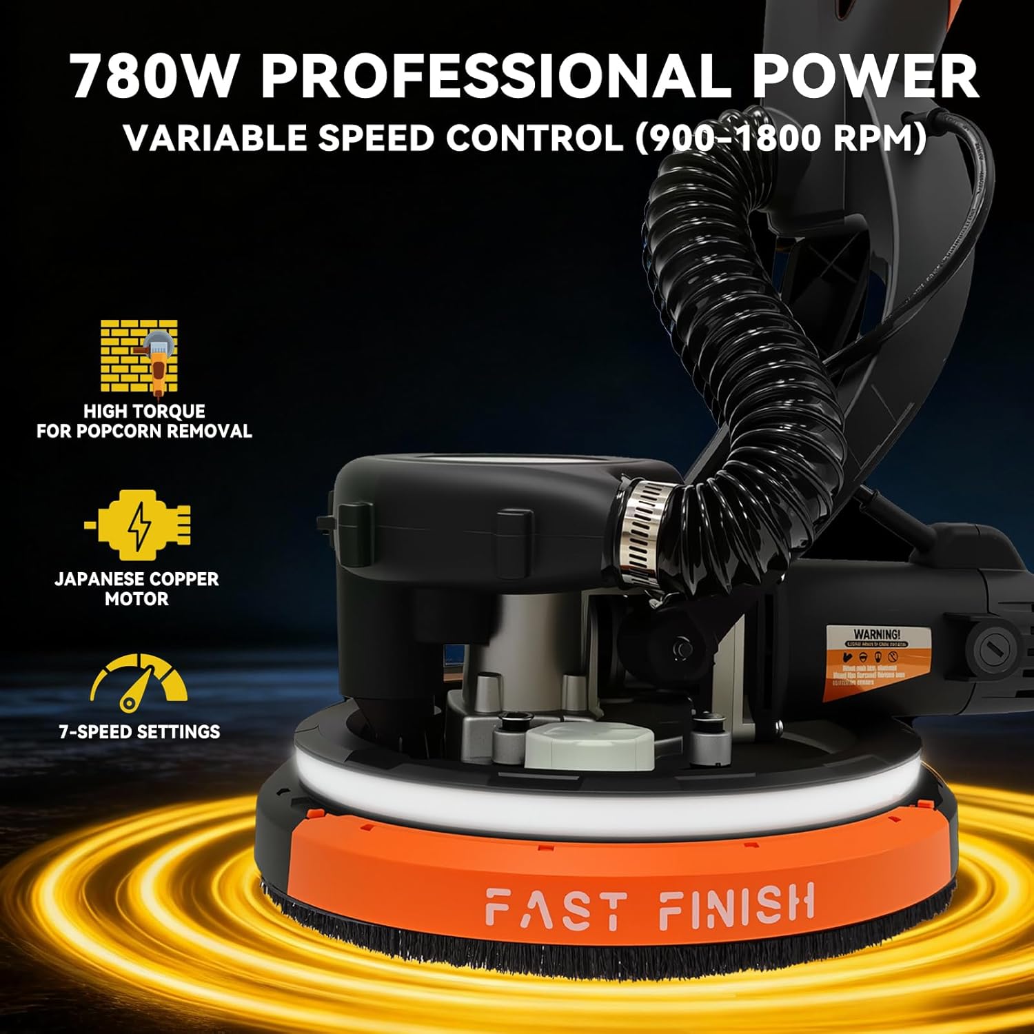 Electric Drywall Sander with Vacuum Dust Collection, 780W Powerful 7-Speed Popcorn Ceiling Removal Tool with LED Light for Dust-Free Sanding on Walls, Ceilings, Floors