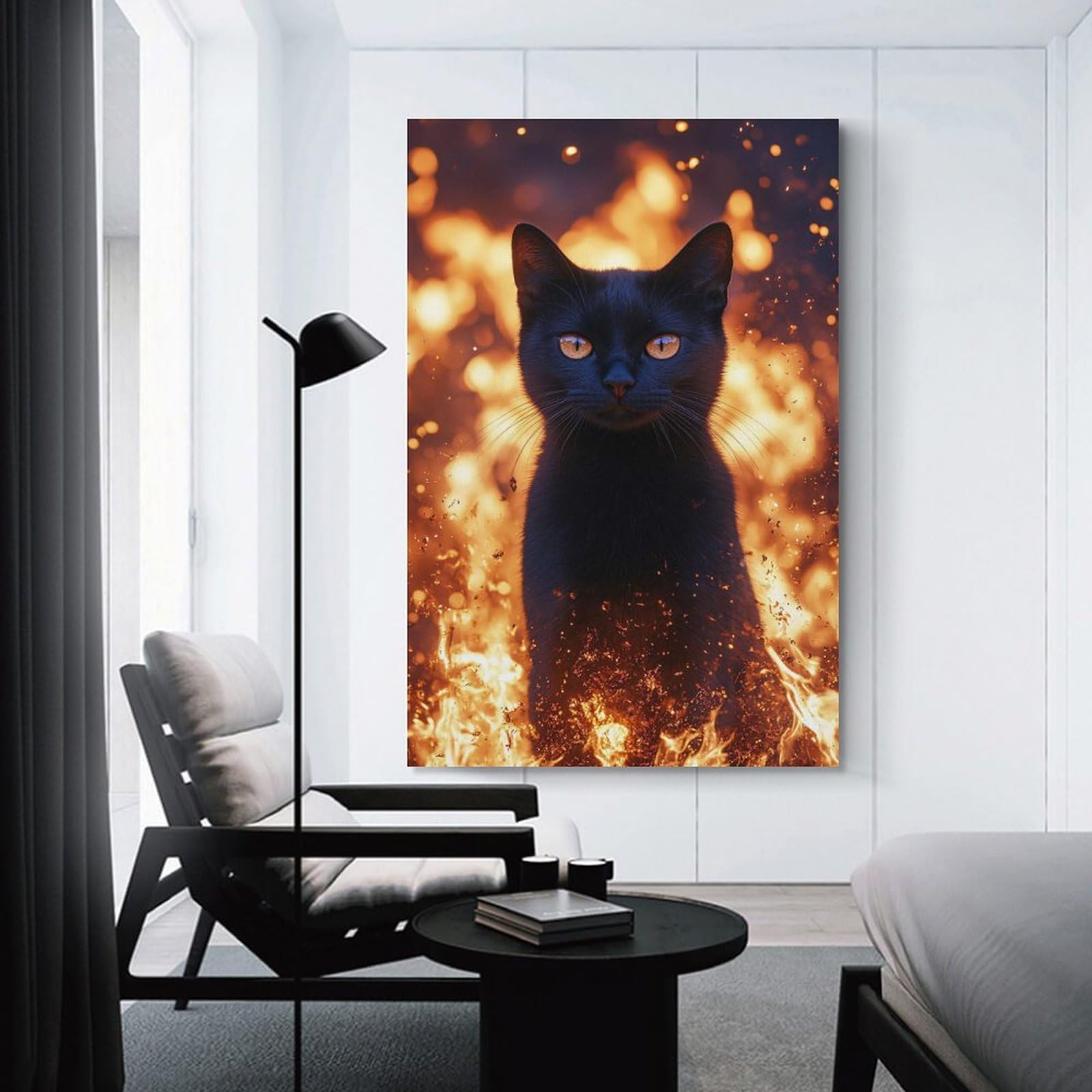 Junmoney Unframe-Style-11 Black Cat In Fire Wall Art Print 08X12inch(20X30cm), For Gallery Wall Layouts In Home Or Office, An Easy Match For Collected Prints
