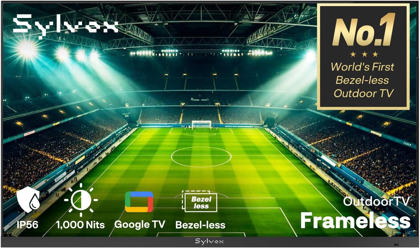 SYLVOX 43 Inch Outdoor Smart TV, 1000 Nits Weatherproof Google TV, IP56 Waterproof Television for Partial Sun, Ultra-Narrow Bezel, Dolby Atmos, Patio & Backyard (Frameless 2026)