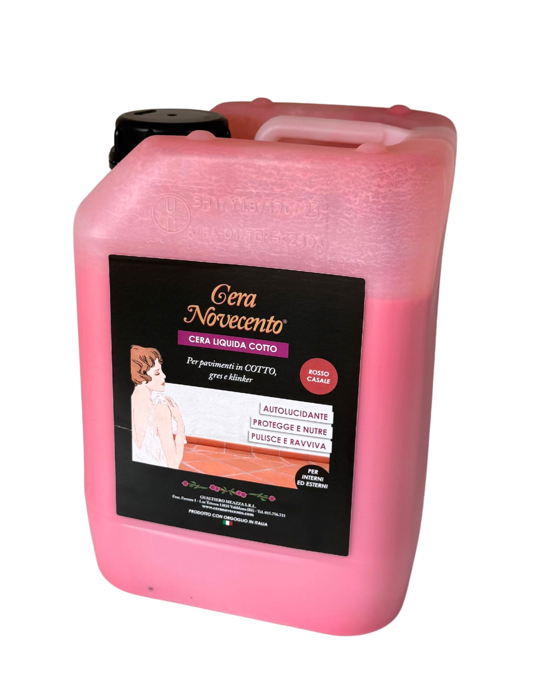 CERA NOVECENTO Cera Liquida Cotto, Rosso Casale, 5 litri Cera liquida nutriente, ravvivante e protettiva per pavimenti in cotto, autolucidante
