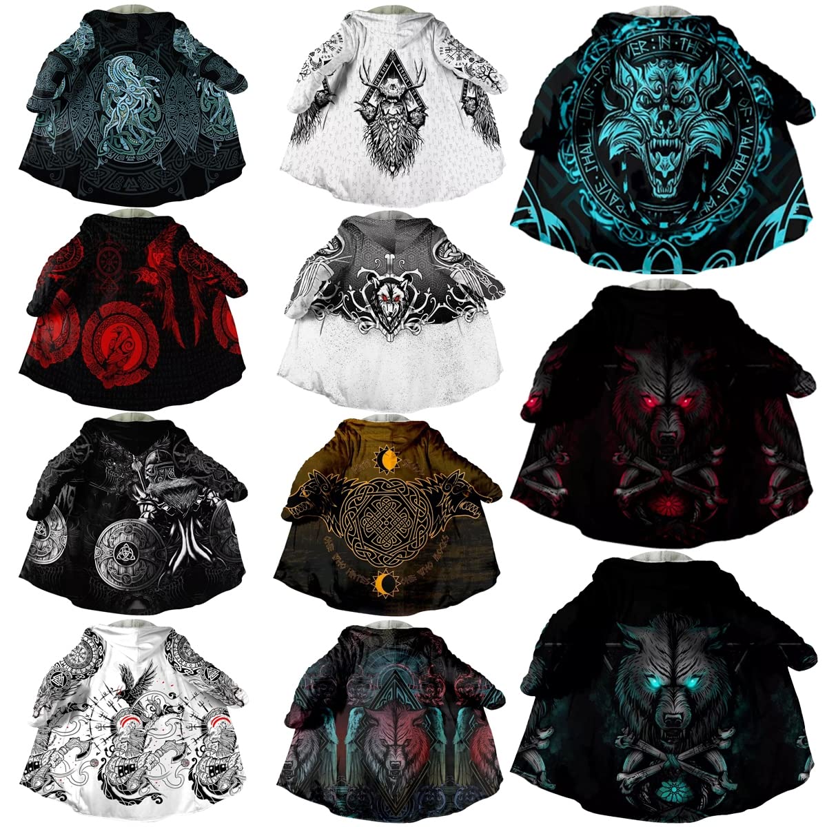 Mantello Invernale Uomo con Tatuaggio Lupo Vichingo, Cappotto Finto Cashmere Calda Giacca Cappuccio Media Lunghezza Costume Cosplay