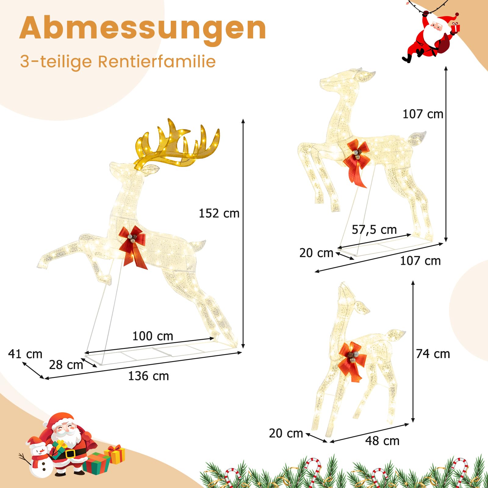 COSTWAY 3 teiliges LED Rentier Familie groß, beleuchtete Weihnachtsdeko XXL, Weihnachtsfigur mit 330 warmweißen Lichtern & Schleifen, Weihnachtsbeleuchtung, Weihnachtsdekoration für Außen & Innen