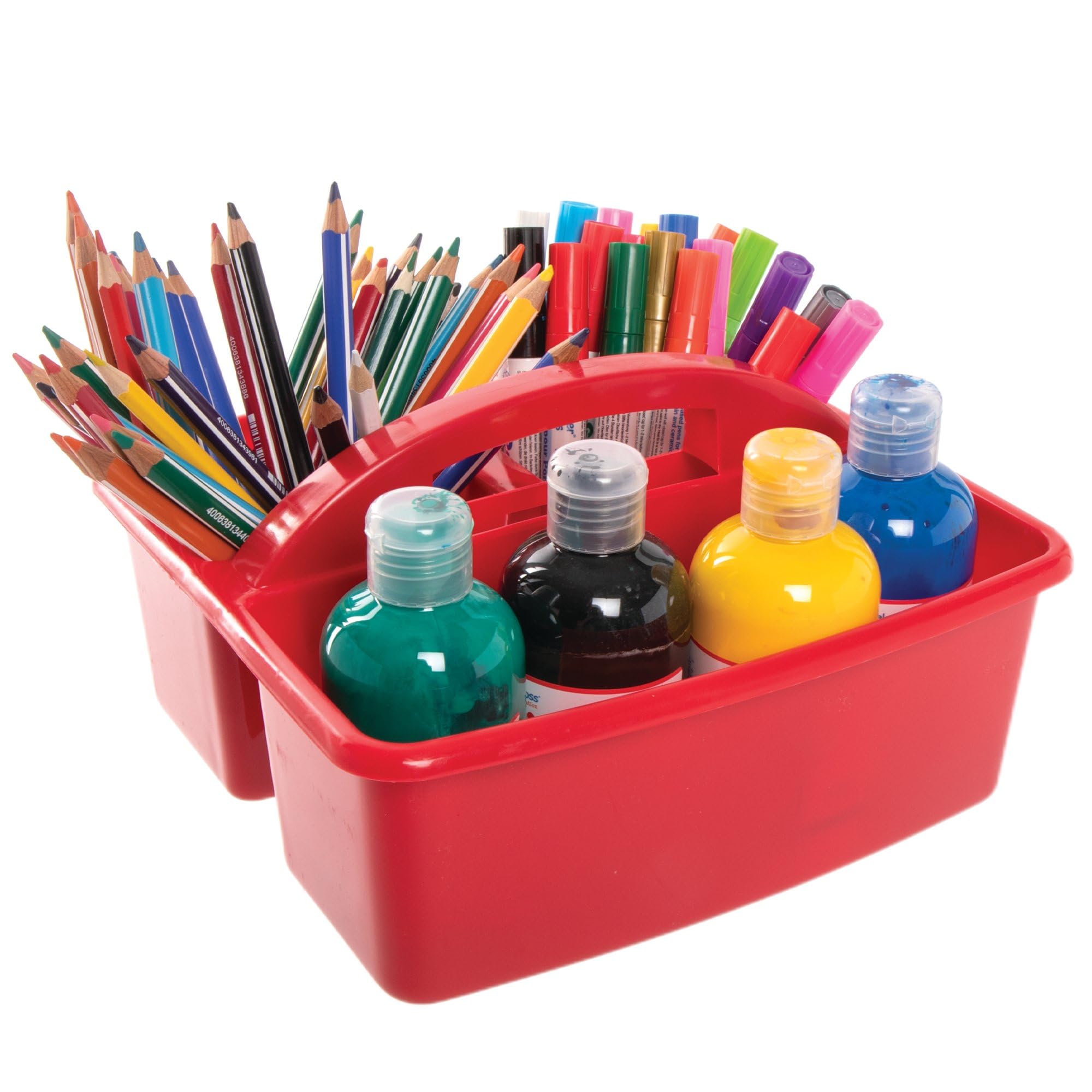 Baker Ross AX320 Plastic Storage Caddy - Pack of 4, 21.5cm x 23.5cm, Assorted Colours, Storage Caddy, Desk Organiser