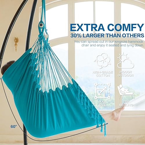 Miniatura 4 de PNAEUT Silla hamaca tamaño XXL, silla colgante, silla oscilante, máximo 550 libras, reposacabezas patentado, 2 cojines, macramé grande con bolsillo,