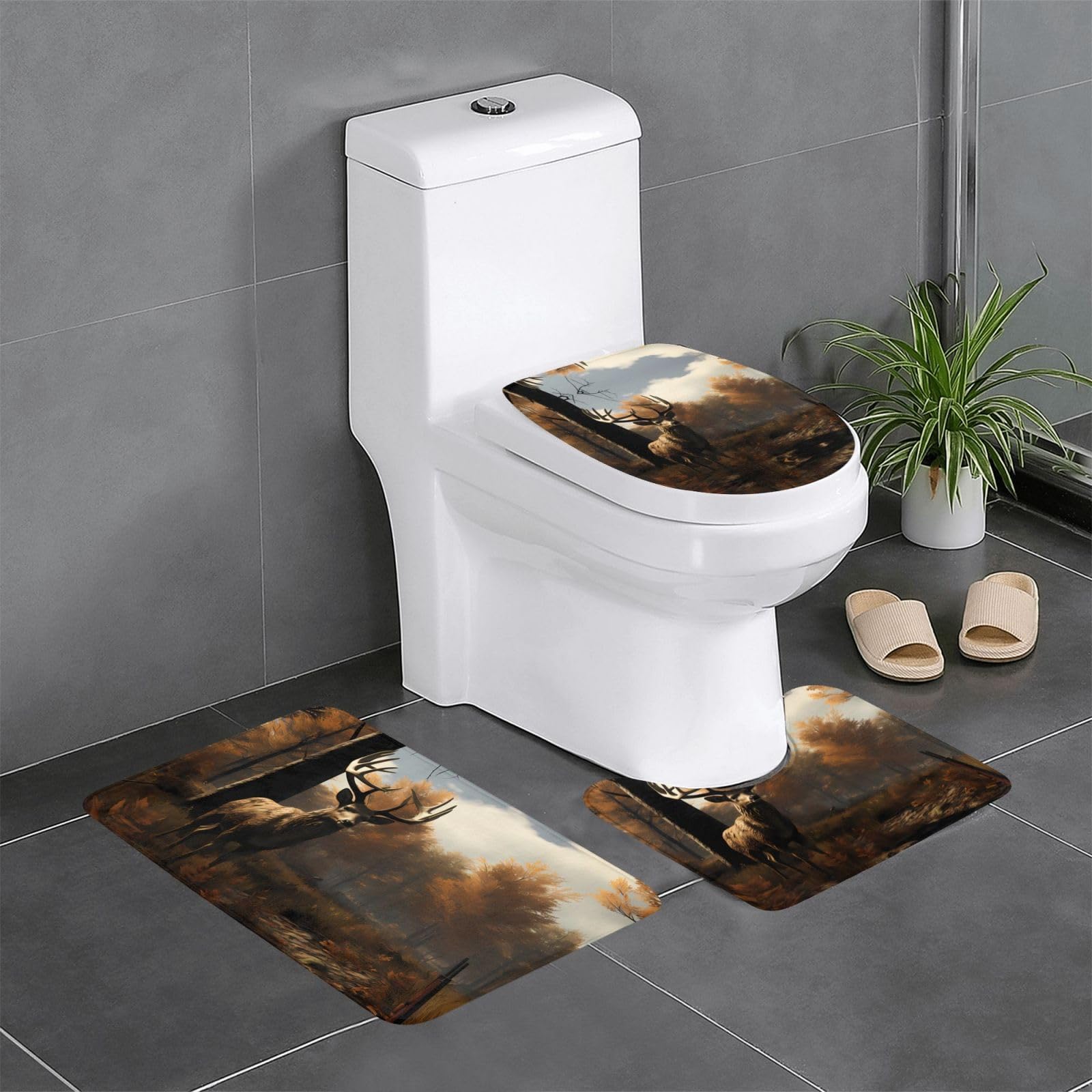 Tapis de salle de bain imprimé sur le thème de la chasse au cerf, set de 3 pièces