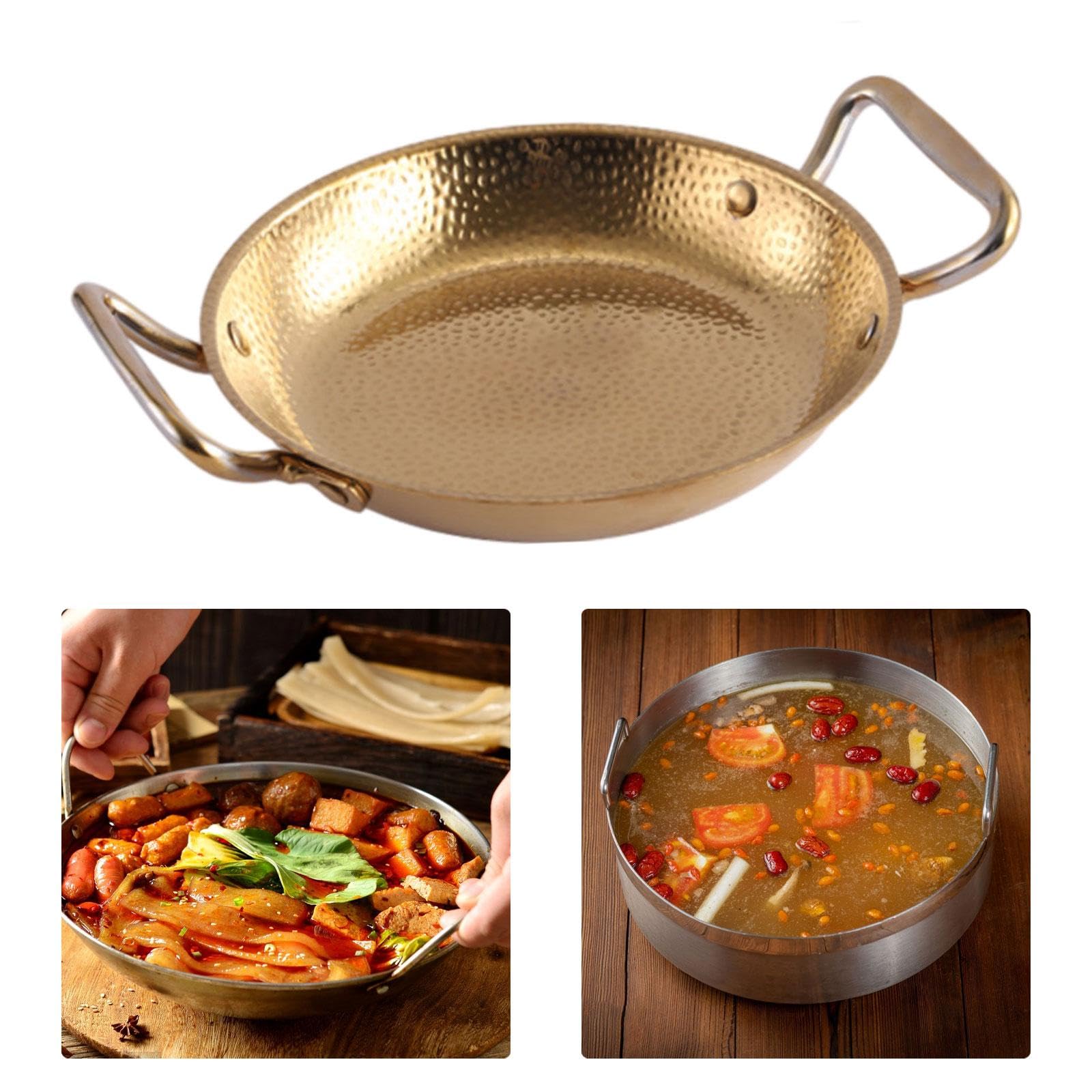 Pan Dry Pot Coréenne INOX Résistante Double Poignée Pratique Conduction Rapide de la Chaleur Adaptée à la Cuisine Maison, 26 CM, Or