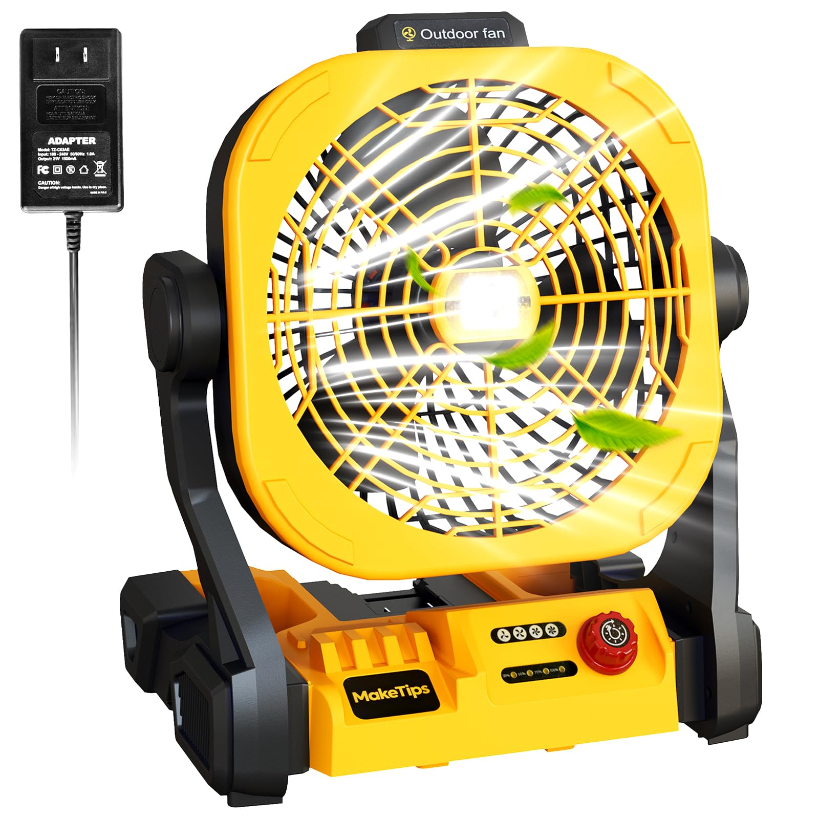 MakeTips Battery Operated Fan for DeWalt 20V Max Battery (Not Included) – High Airflow Portable Cordless Camping & Jobsite Fan with 4 Speeds, AC Adapter, LED Lights & Hanging Hook for Outdoor Use