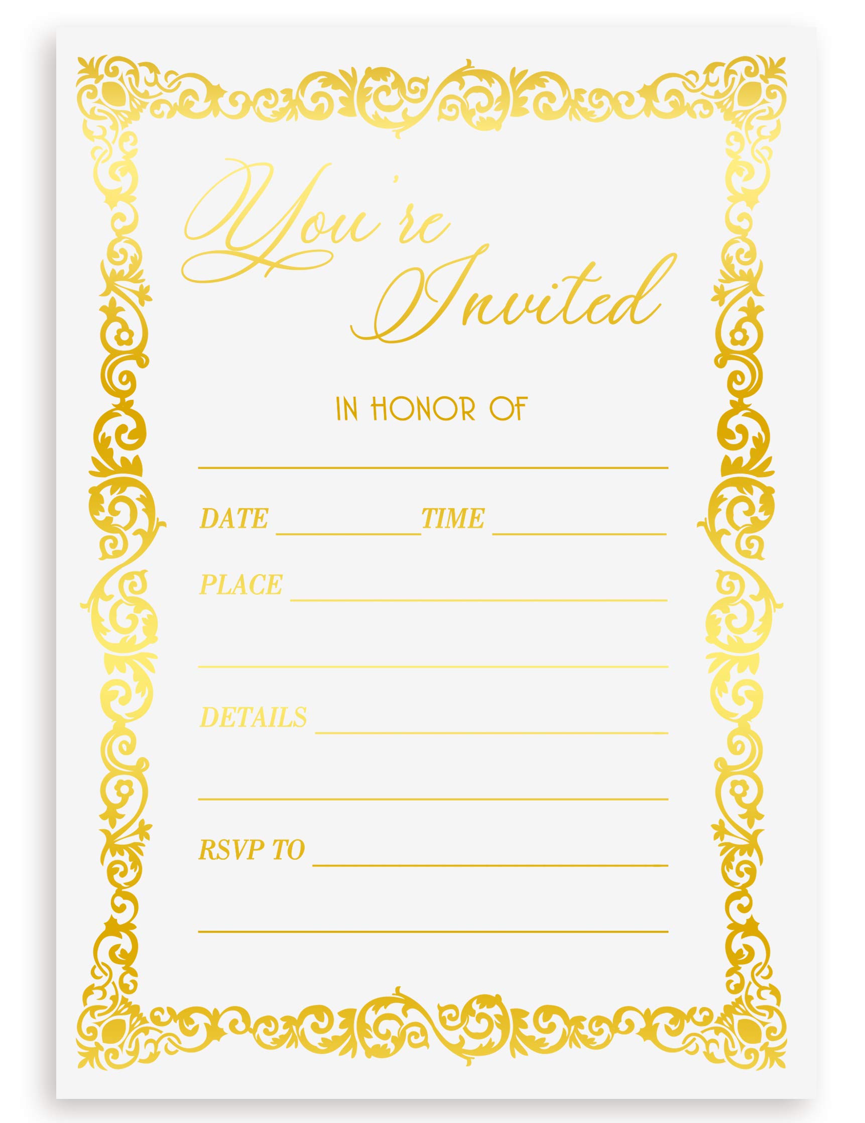 Amazon.com : 20 Fill In Party Invitations Cards 5x7, Gold Foil, 20 Thank  You Tags Included. Invitation For Wedding, Invites For Birthday, Bridal  Shower, You Are Invited, Vintage, Special Occasions, Events, Invite
