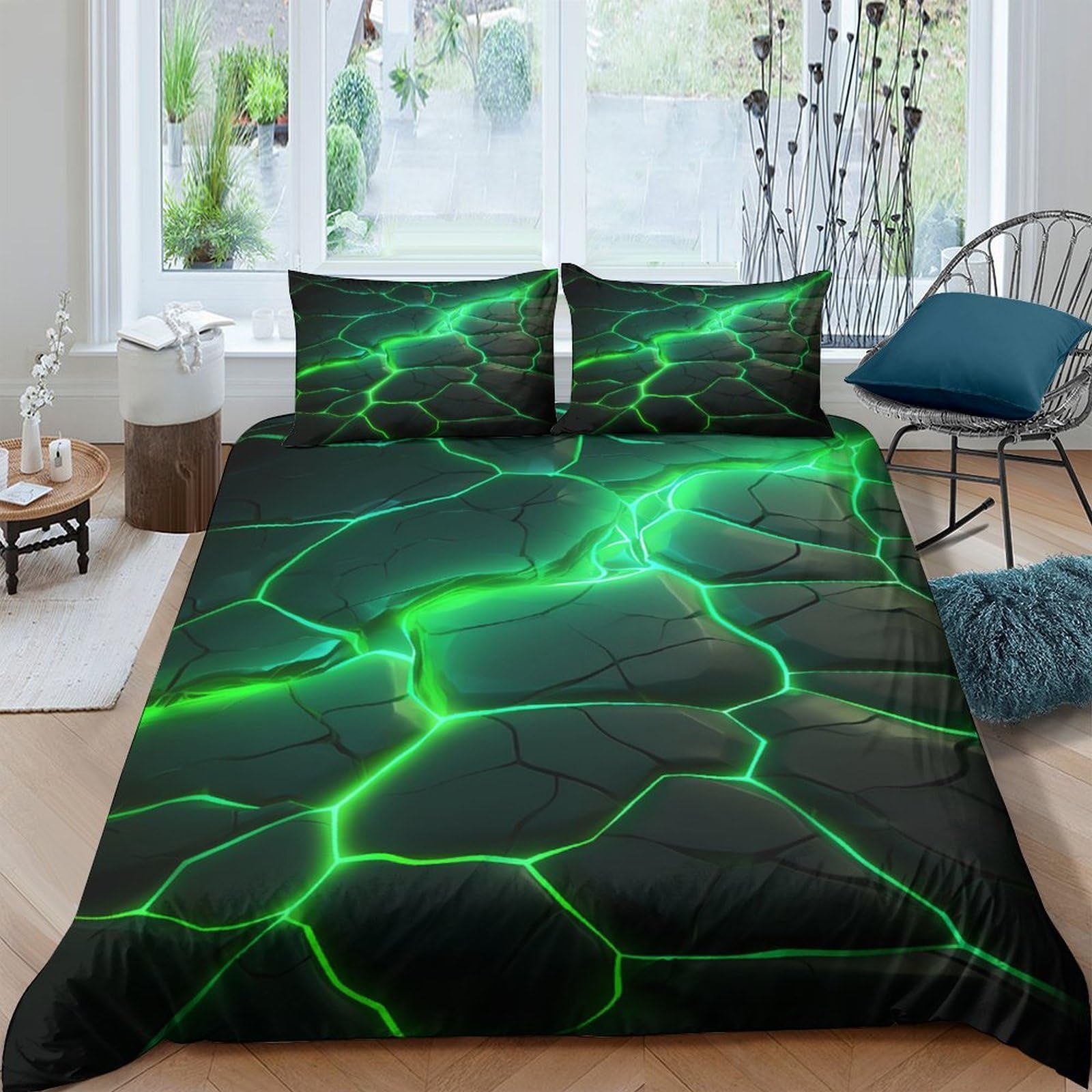 GPLZQXKJNH 3D Printed Green Lava Pattern Duvet Cover Microfiber Soft Breathable Cracked Stone Bedding Set with 2 Pillowcases for Bedroom Decor Single（135x200cm）