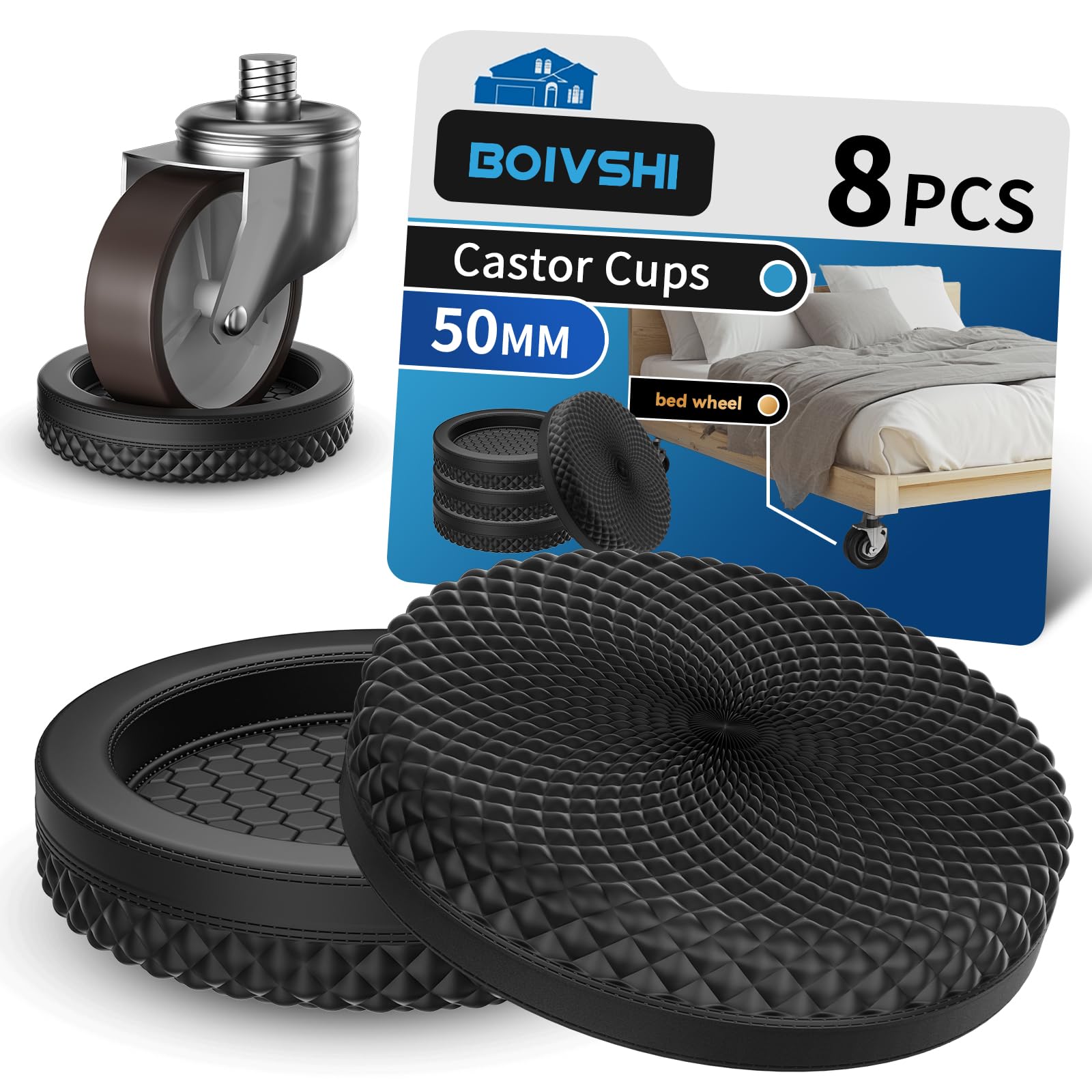 BOIVSHI 50mm Furniture Castor Cups, Bed Wheel Stoppers for Wooden Floors Furniture Coasters, Carpet Protector Cups