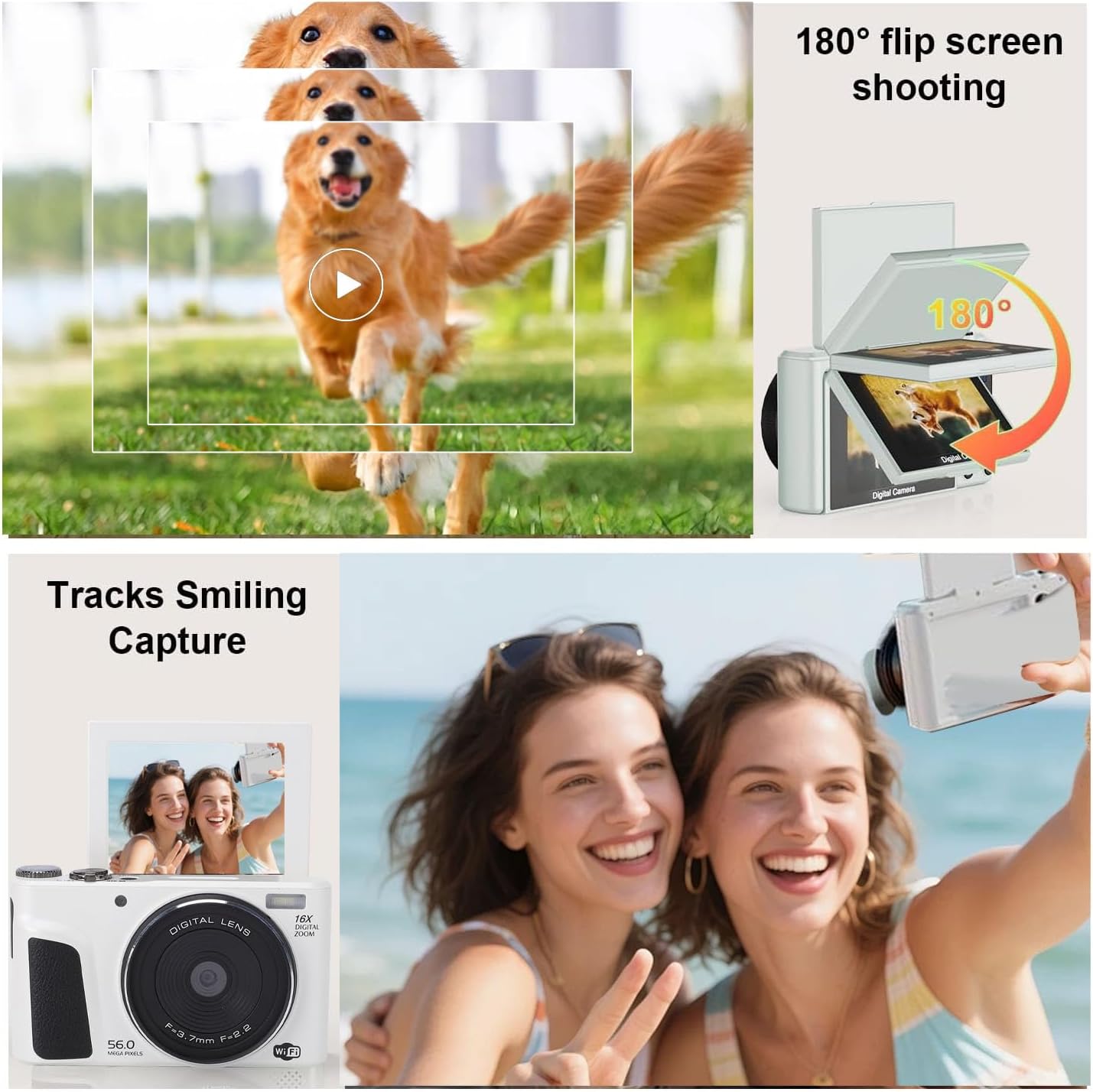 Jectse 56MP デジタル カメラ 4K (16 倍ズームおよび WiFi 付き)、旅行写真用 2.88 インチ フリップ ス