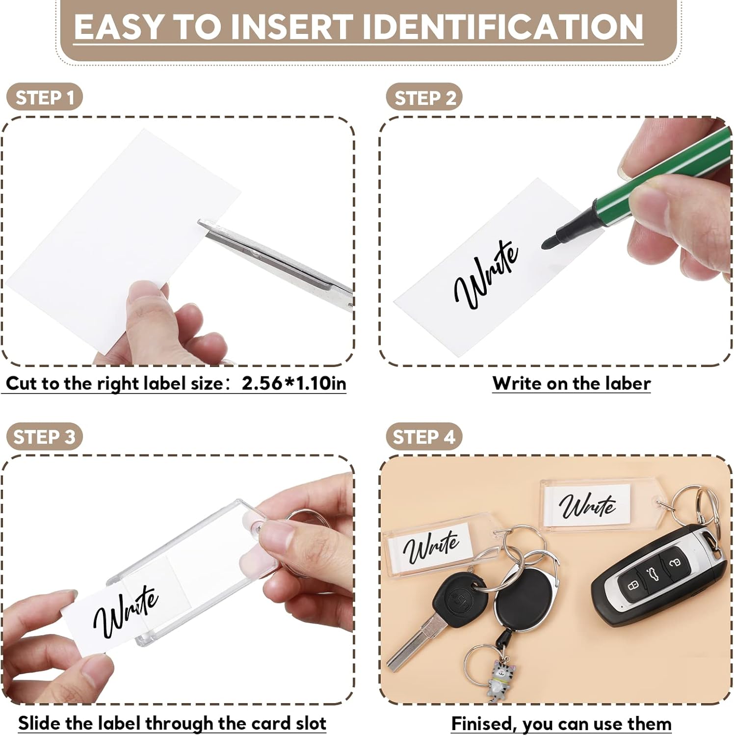 Huquary 3 Inch Plastic Key Tags Clear Slip Slot Photo Key Tag with Split Ring Chain Bulk for ID Luggage Office Pet DIY Favor