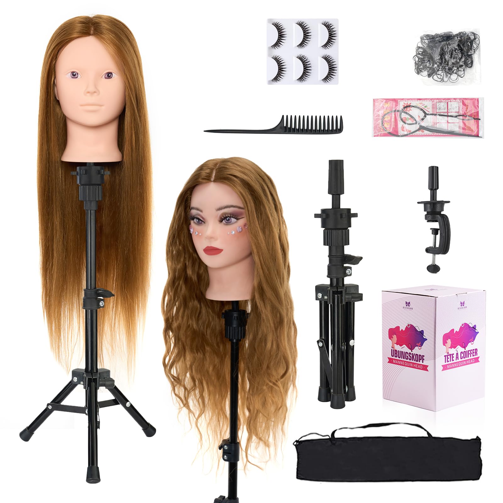Mannequin Head 80% Human Hair with Tripod Stand,28 Inch Make up Cosmetology Manikin Practice Doll Head,Braiding Hairdressing Head with Table Clamp +