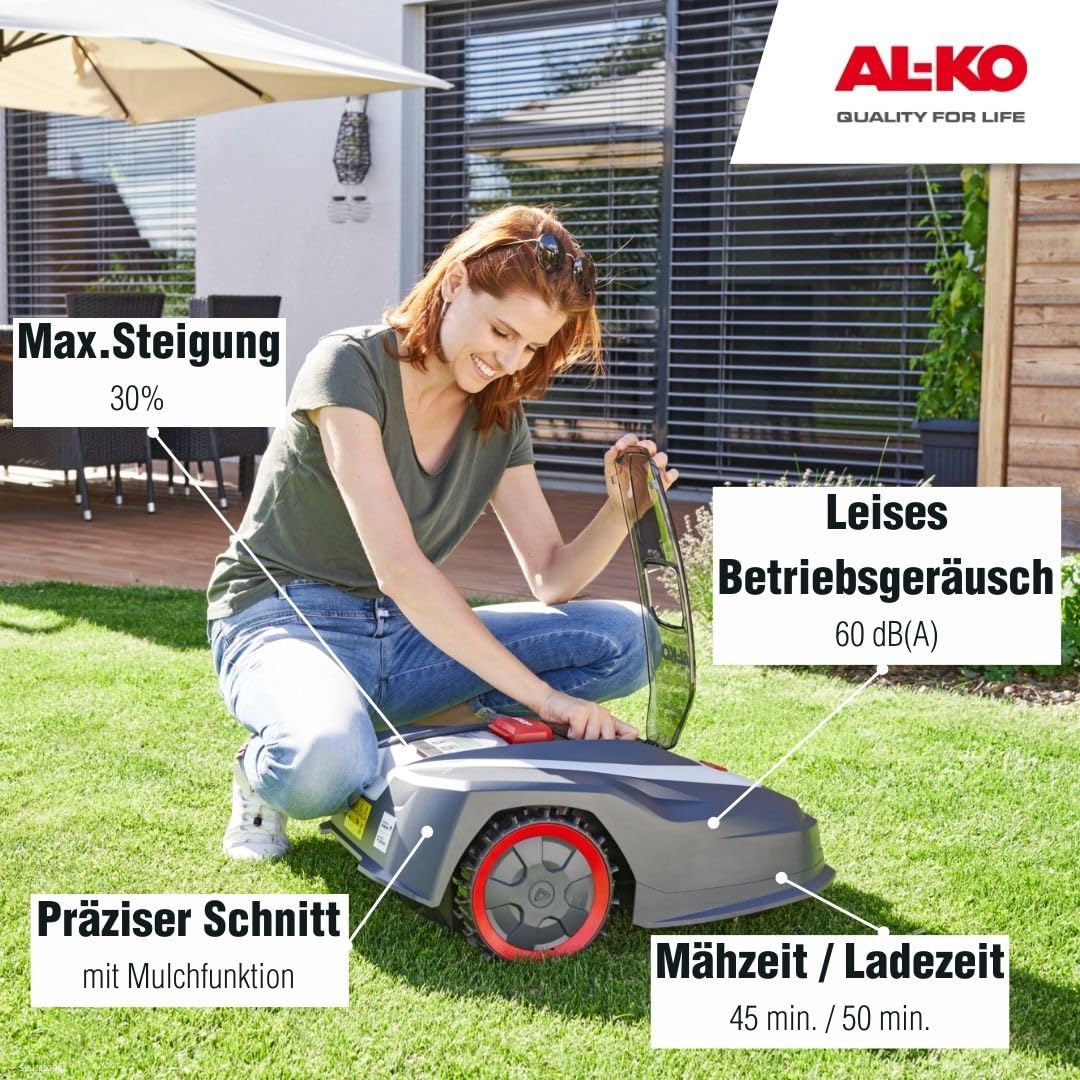 AL-KO Robot cortacésped Robolinho® 350 W, Ancho de Corte 20 cm, batería de Iones de Litio de 18 V/2,5 Ah, para Superficies de hasta 300 m², Capacidad de Ascenso máx. 30%, Muy silencioso 60 dbA