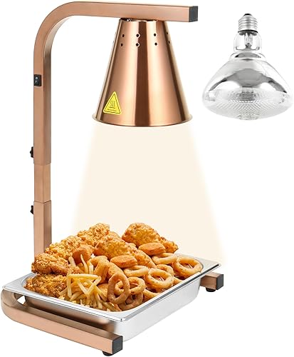 Restlrious Lámpara de calor para alimentos, calentador de alimentos de cabeza comercial independiente, marco dorado, acero inoxidable de 120 V,
