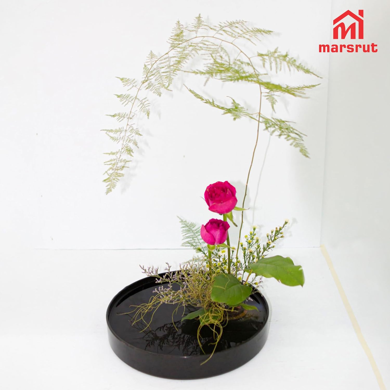 13 Inch Ikebana Containers Vase, Round Plastic Suiban Floral Vase Pot Bowl Container Kit Set for Japanese Flower Bonsai Arrangement (Black, 33cm)