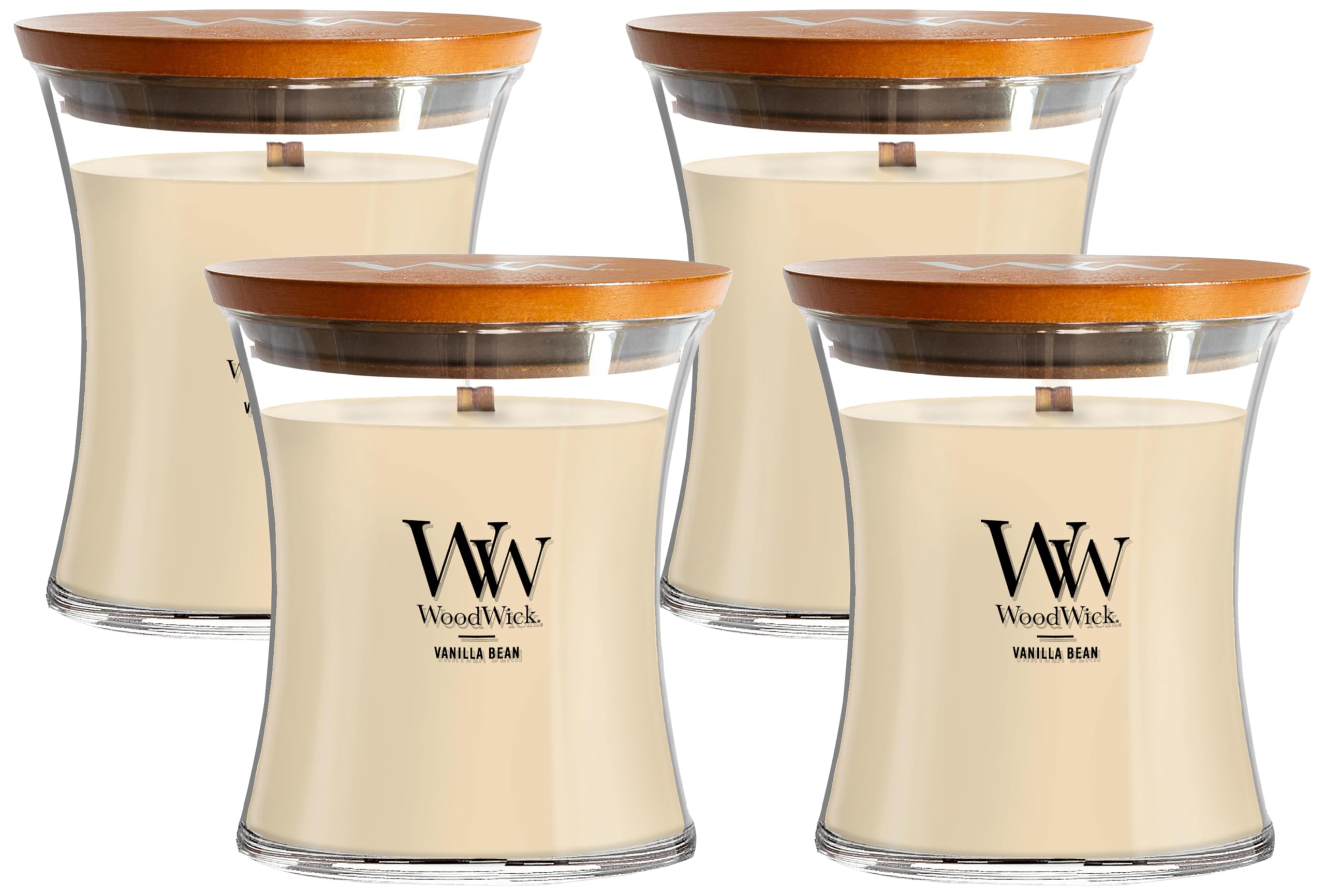 WoodWick Vanilla Bean Holiday Candle Gifts for Women and Men, 9.7 oz Medium Hourglass Candle with Crackling Wick (Pack of 4)