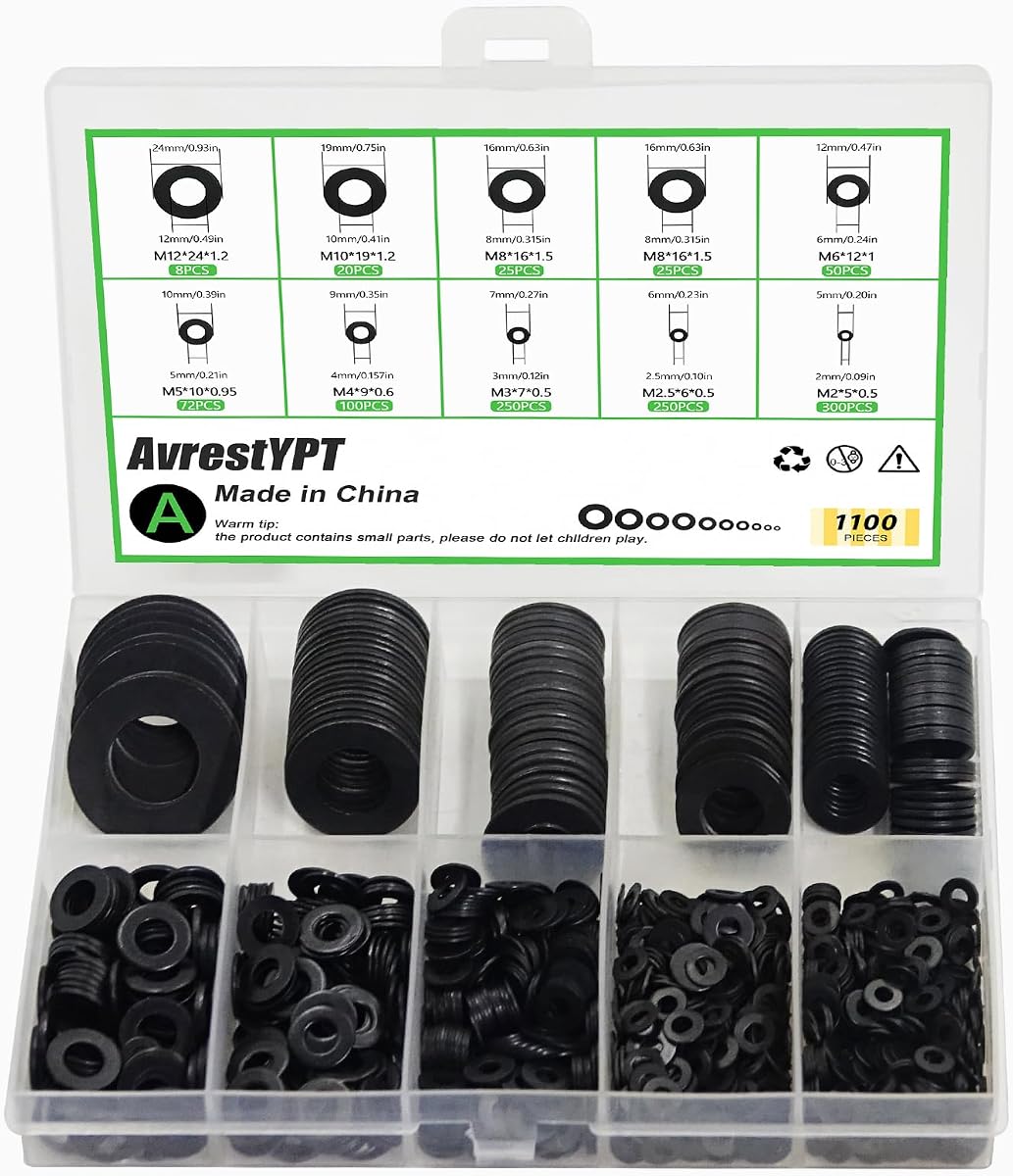 1100Pcs 9 Sizes M2-M12 Black Flat Washers for Screws & Bolts | M2 M2.5 M3 M4 M5 M6 M8 M10 M12 Carbon Steel Washers Flat for Bolts &Screws,Household,Industrial,Furniture & Mechanical Repair