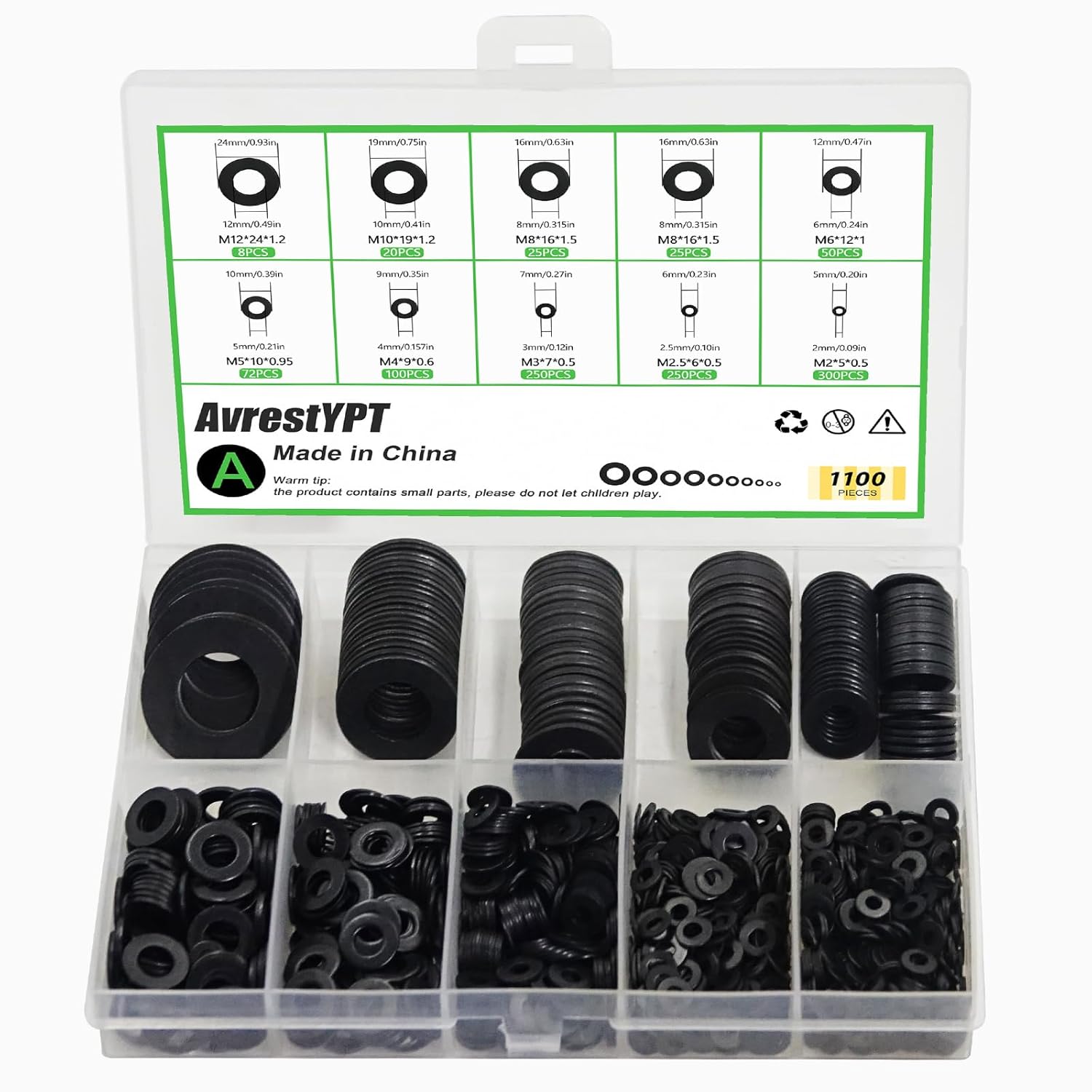 AvrestYPT 1100Pcs Black Zinc-Plated Flat Washers Assortment Kit 9 Sizes M2.5-M12 for Screws Bolts Furniture Mechanical Repairs