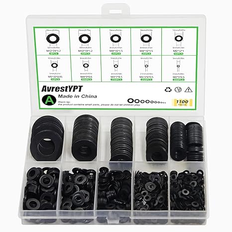1100 Pcs Black Flat Washers Assorted Kit